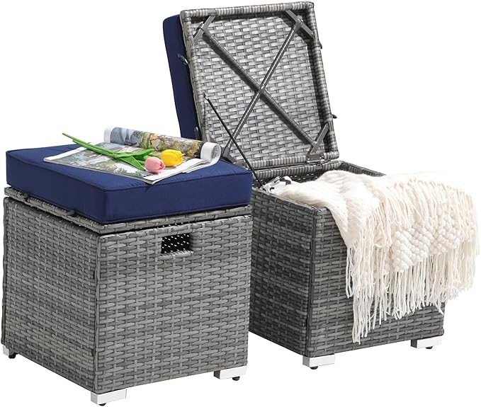 Outdoor Rattan Storage Ottoman Set of 2