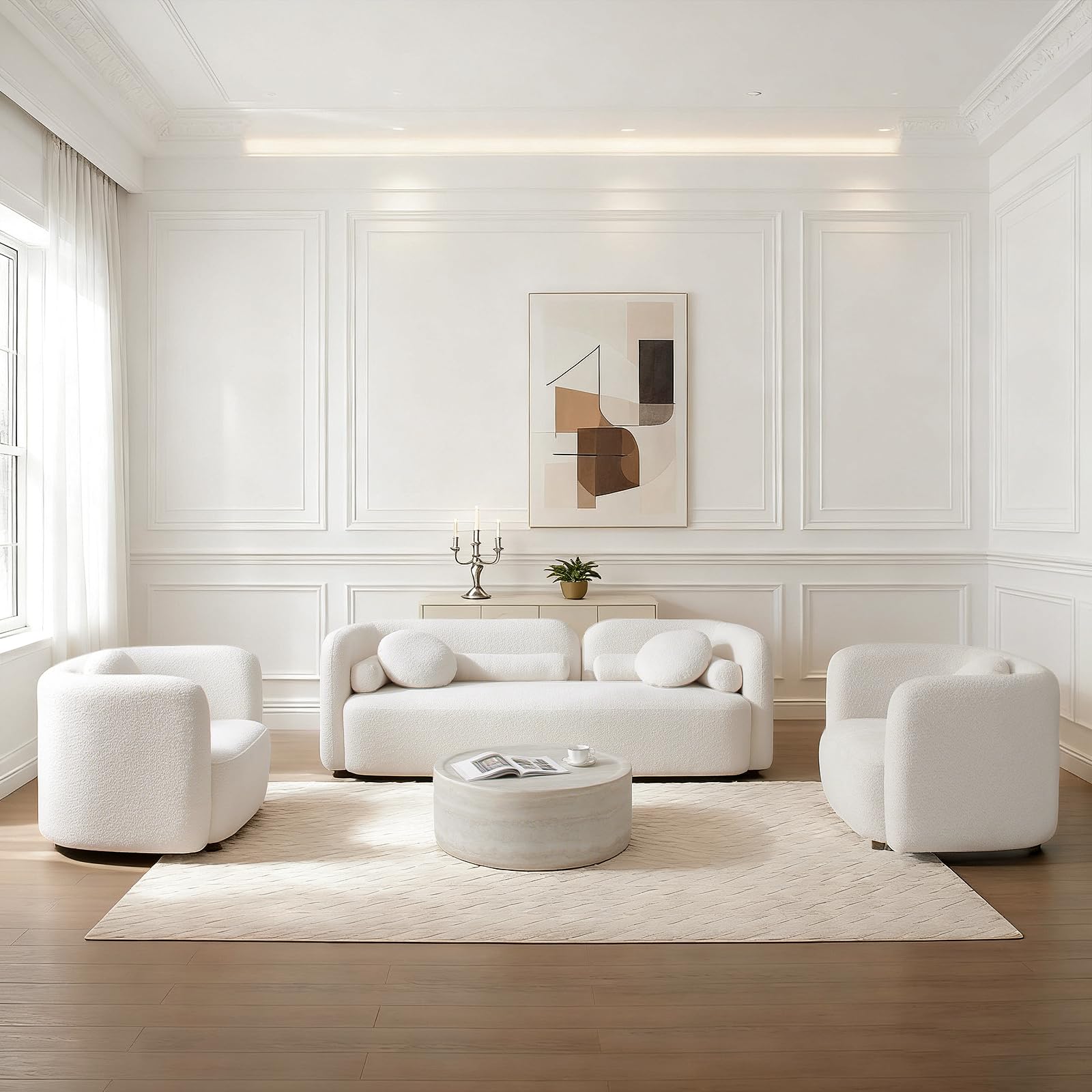 SSC SATISUNCASA White Sofa Couches Set of 3 Living Room Modern Integral Sofas Furniture 3 Seater Curved Back Sofa + 2 Single Chair Boucle Fabric Solid Wood Frame with 6 Pillows Rectangular Couch