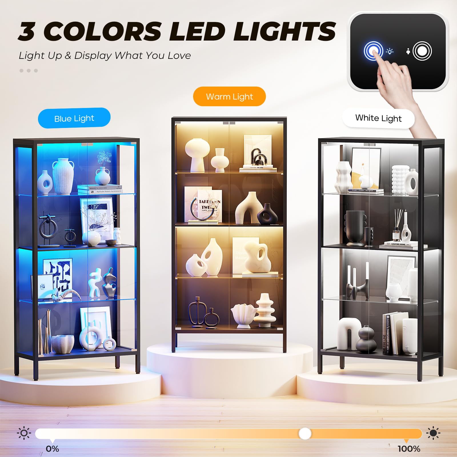 Glass Display Cabinet with LED Lights & Motion Sensor
