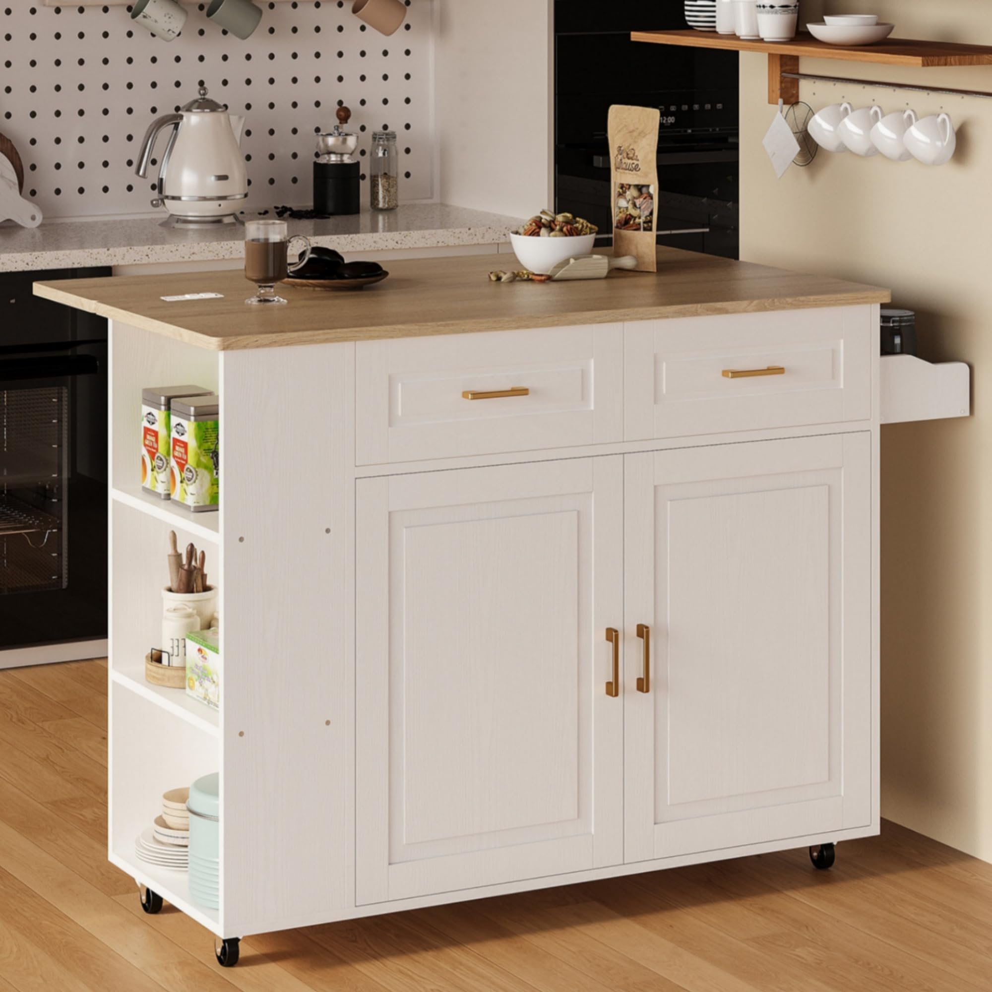 Kitchen Island with Power Outlet & Drop Leaf
