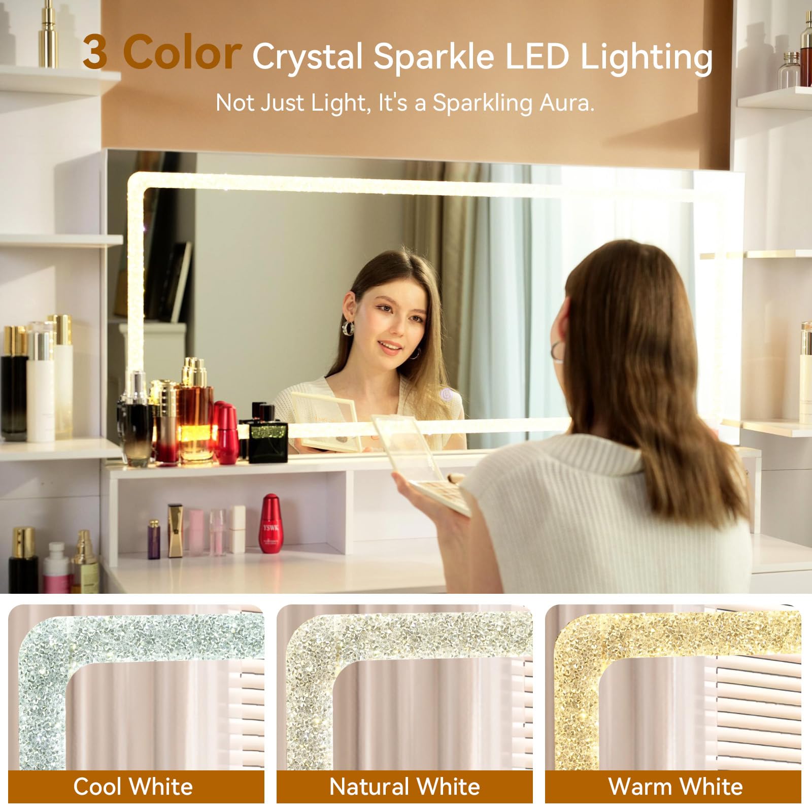 ZIMASYA Makeup Vanitys with Extra Large Mirror & Lights,45" Vanity Desk with 2 Side Shelves & Adjustable Brightness 3 Color Crystal Sparkle LED,Charging Station,26 Storage Areas for Girls Women White
