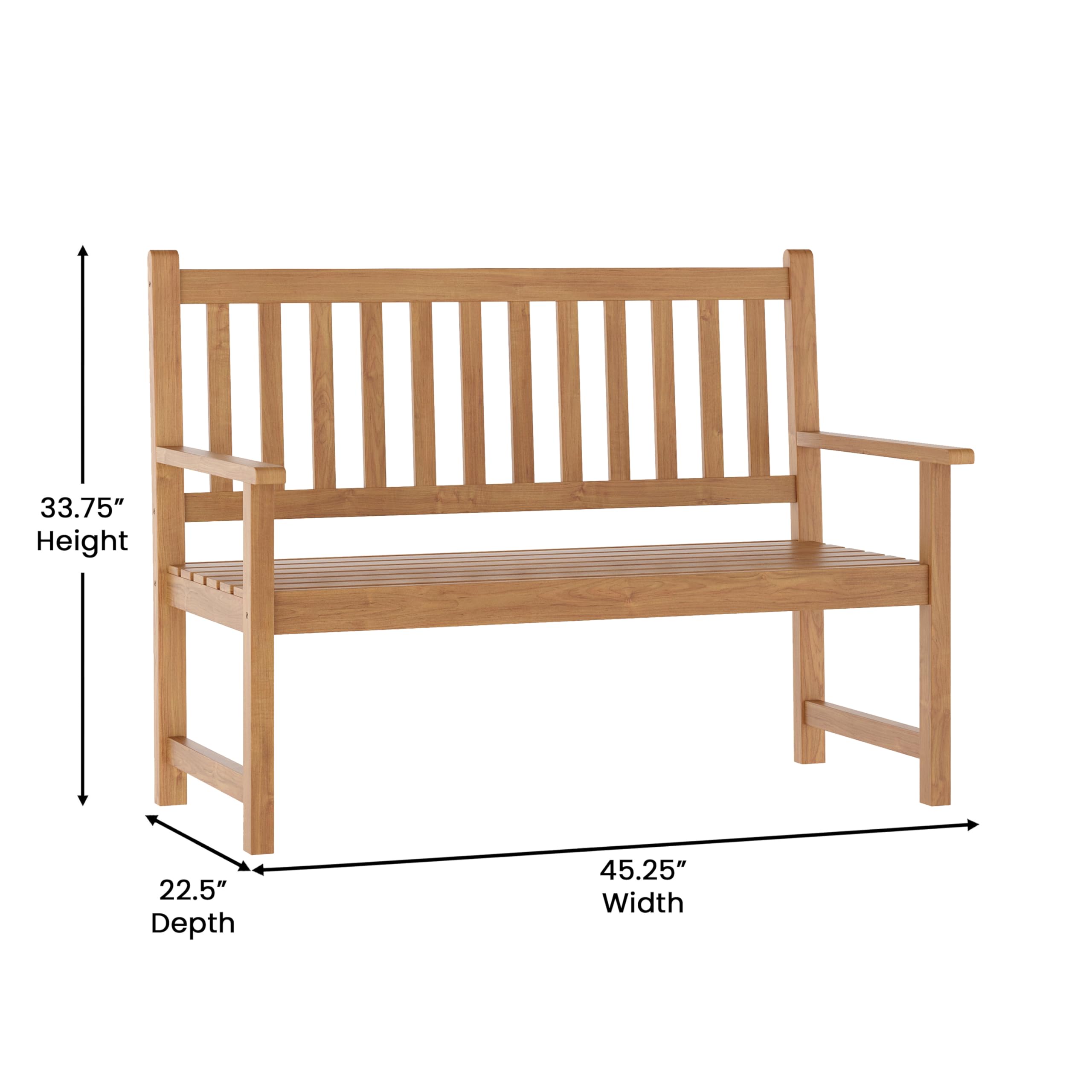Flash Furniture Adele Commercial Indoor/Outdoor Acacia Wood Bench, 2-Person Slatted Patio Loveseat, for Use in Yard, Garden, Porch, or Park, Brown
