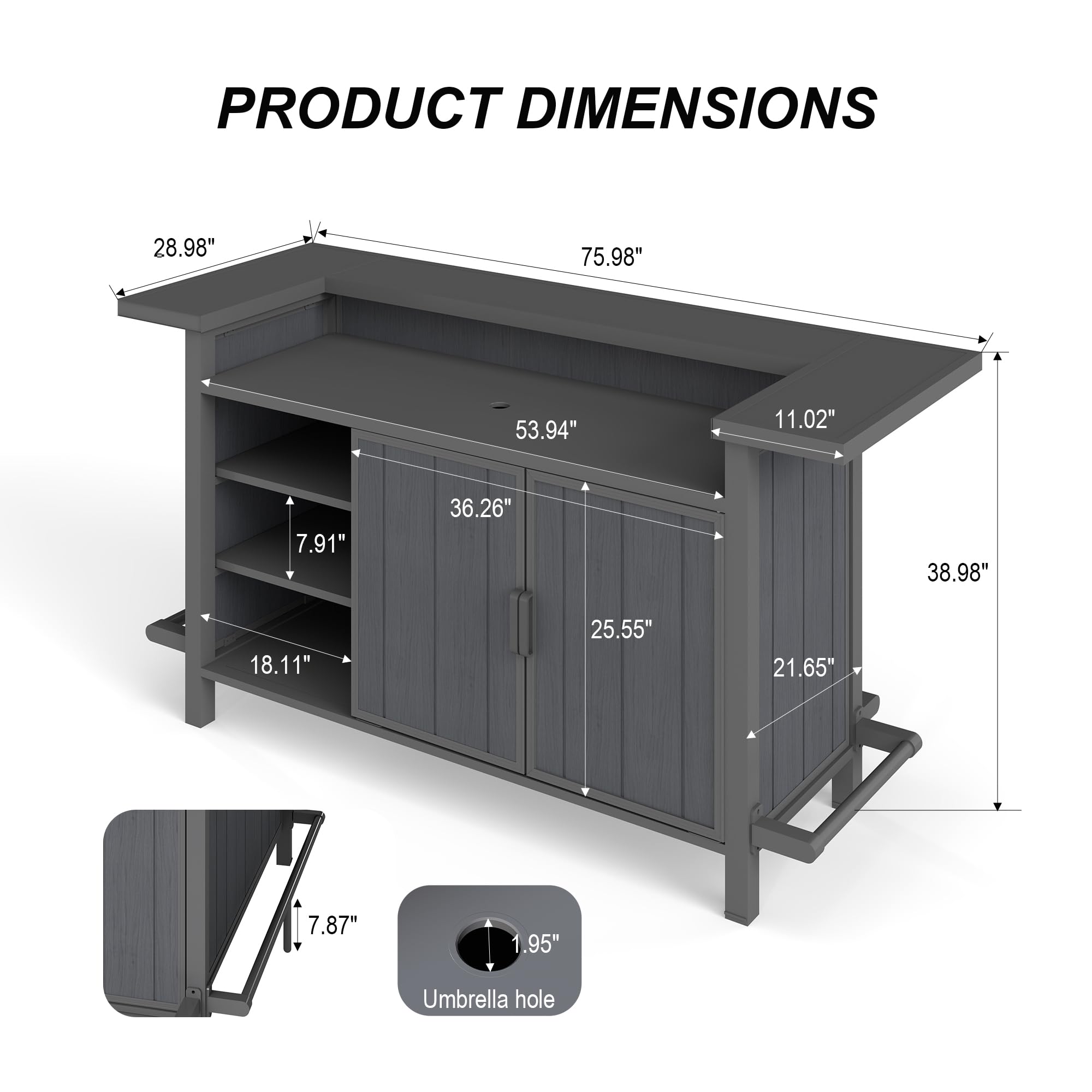 Domi Patio Bar Table, Outdoor Aluminum Bar Height Table with Cabinet, All Weather Use Storage Patio Cart for Patio Kitchen or Bar Cart, Black Grey