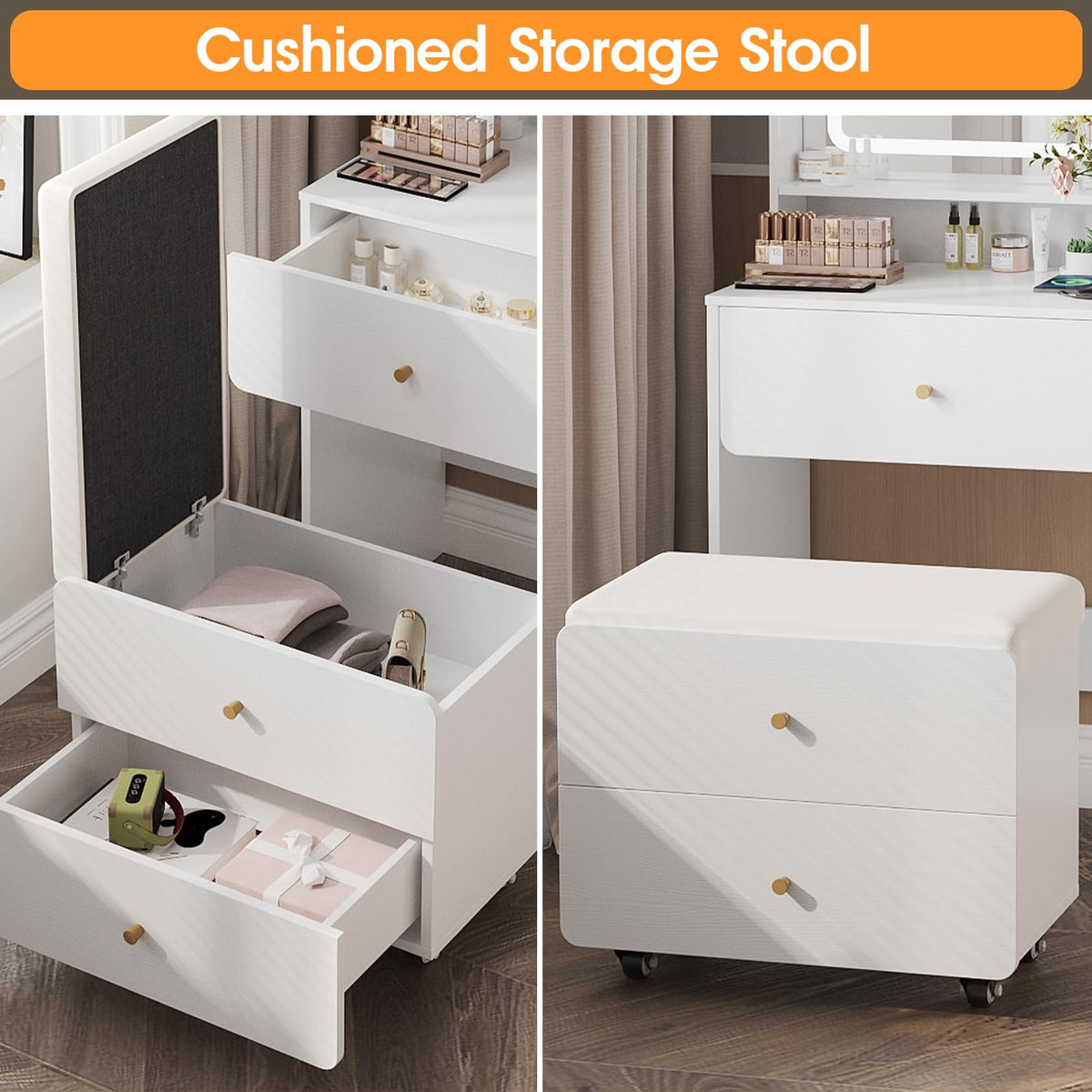 Make Up Vanity Desk with Mirror and Lights,Small Vanity With Storage Chair