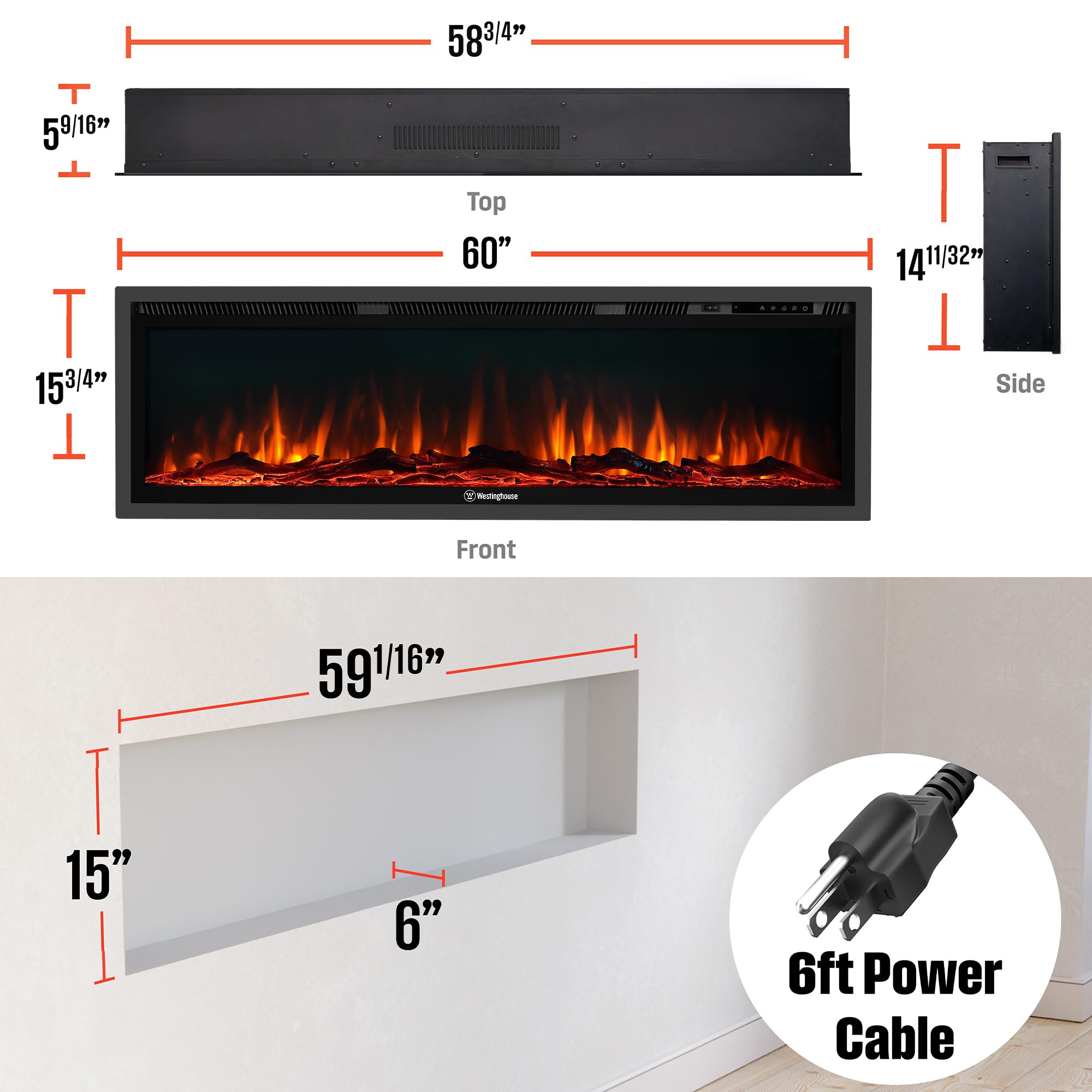 Wall Mount & Recessed Electric Fireplace Insert with Color Changing Flames