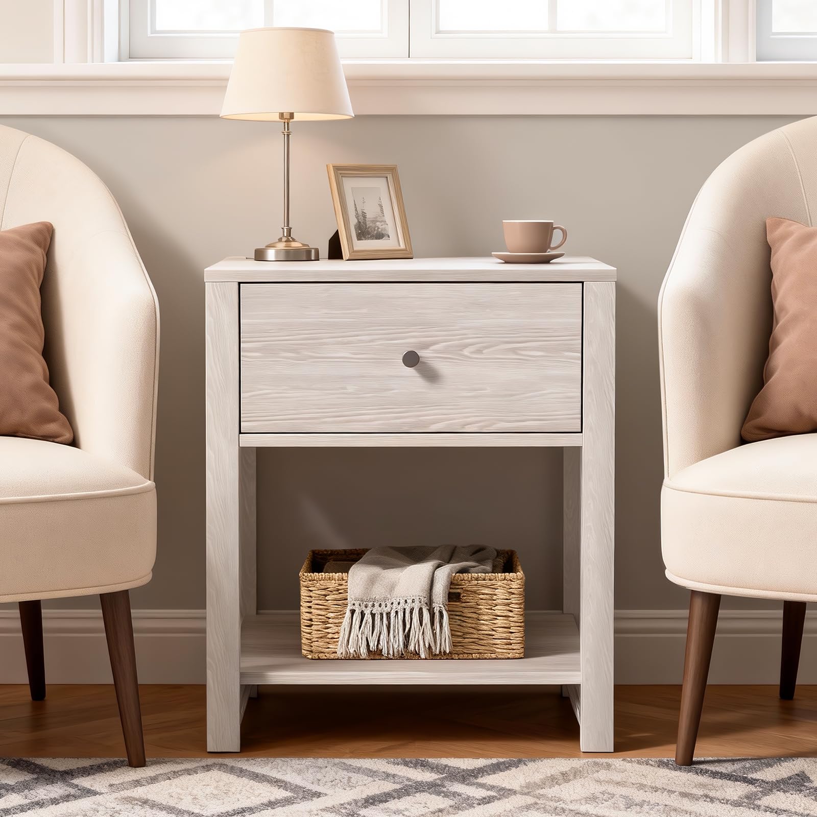 White Nightstand Set of 2 with Drawer & Storage Shelf