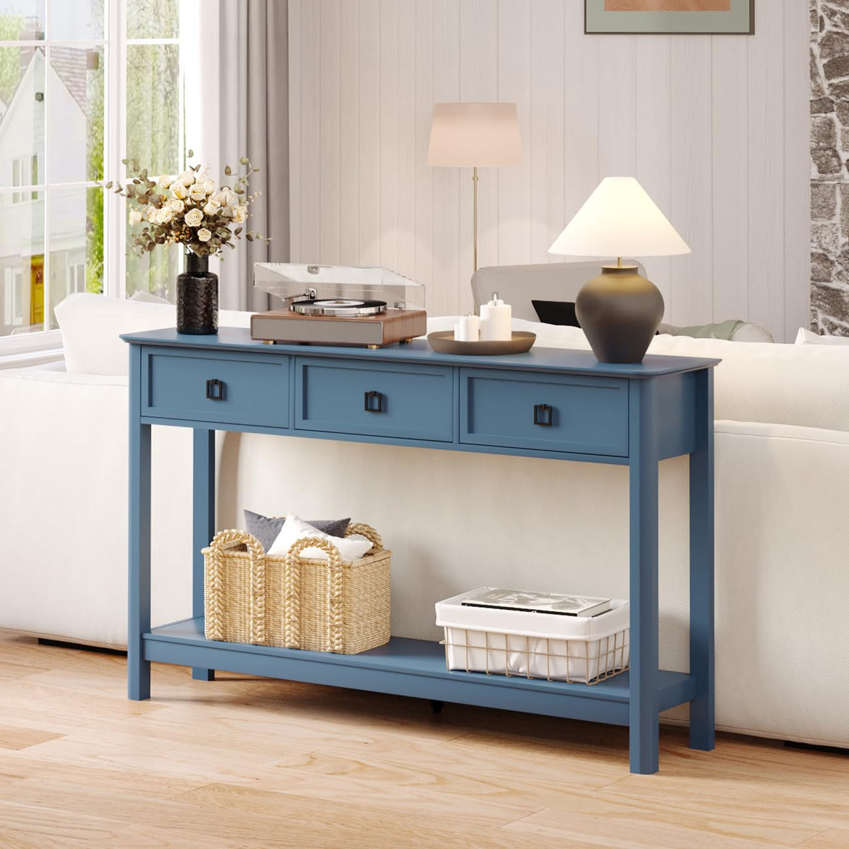 Blue Console Table with 3 Drawers