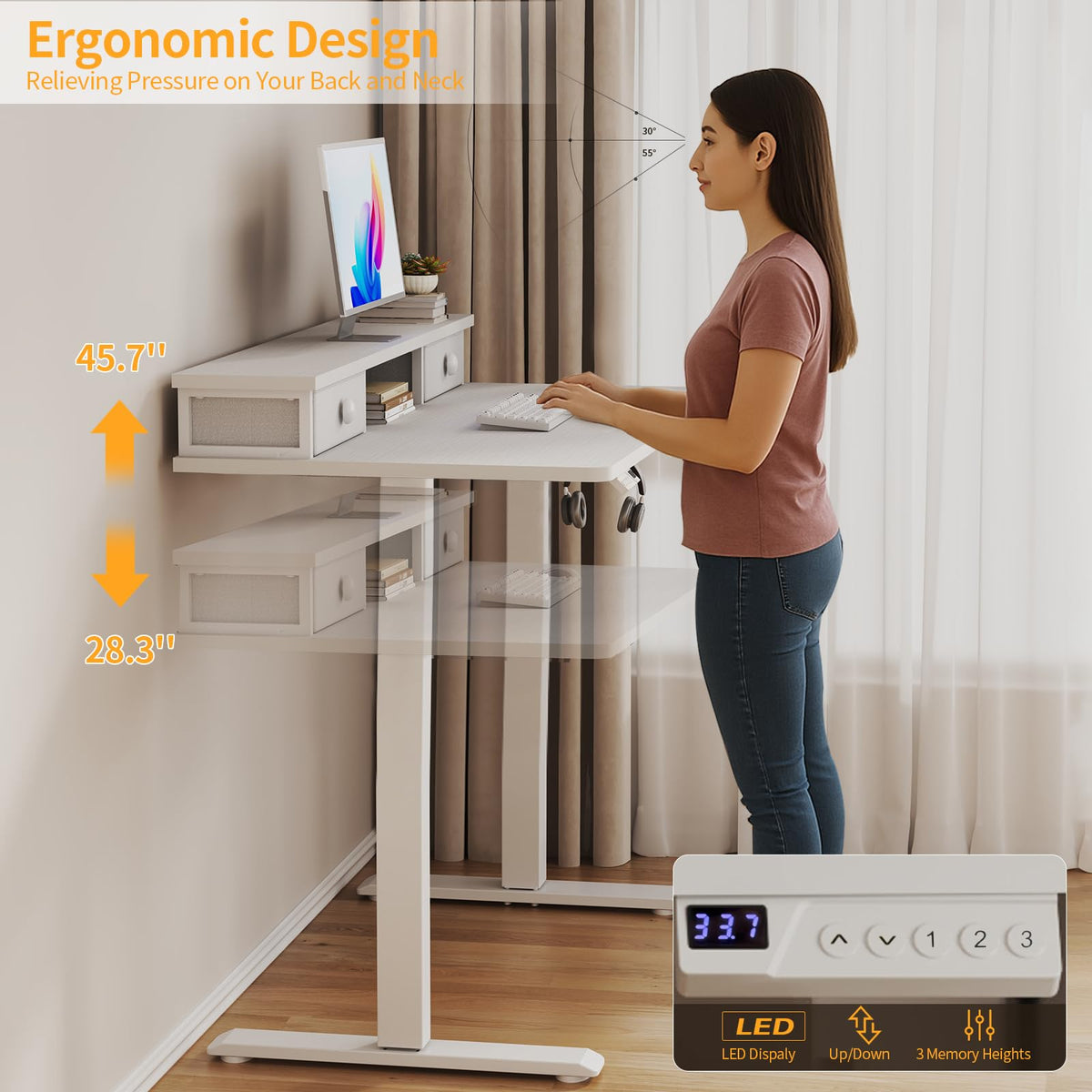 KLUVIS White Electric Standing Desk with Drawers, 40 Inch