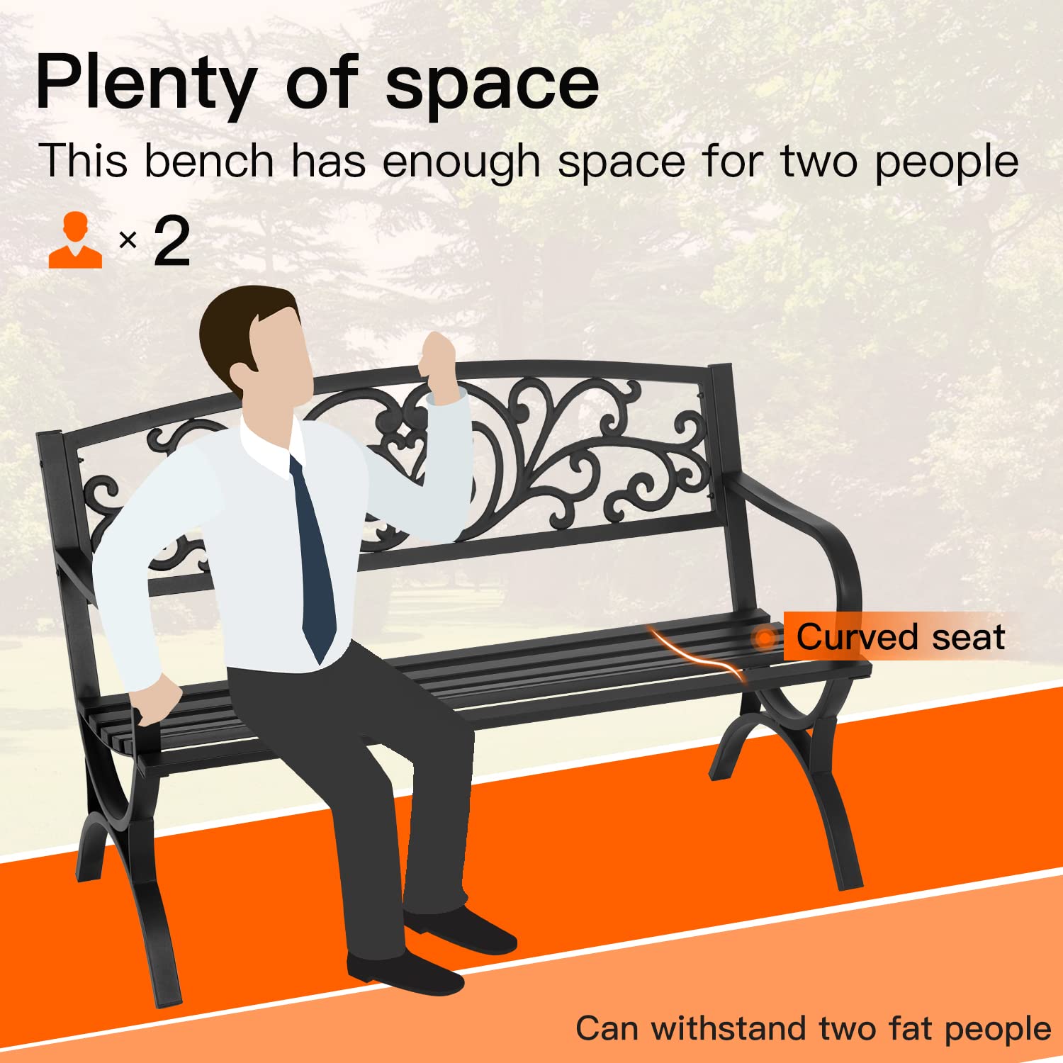 50-Inch Outdoor Metal Bench with Floral Backrest