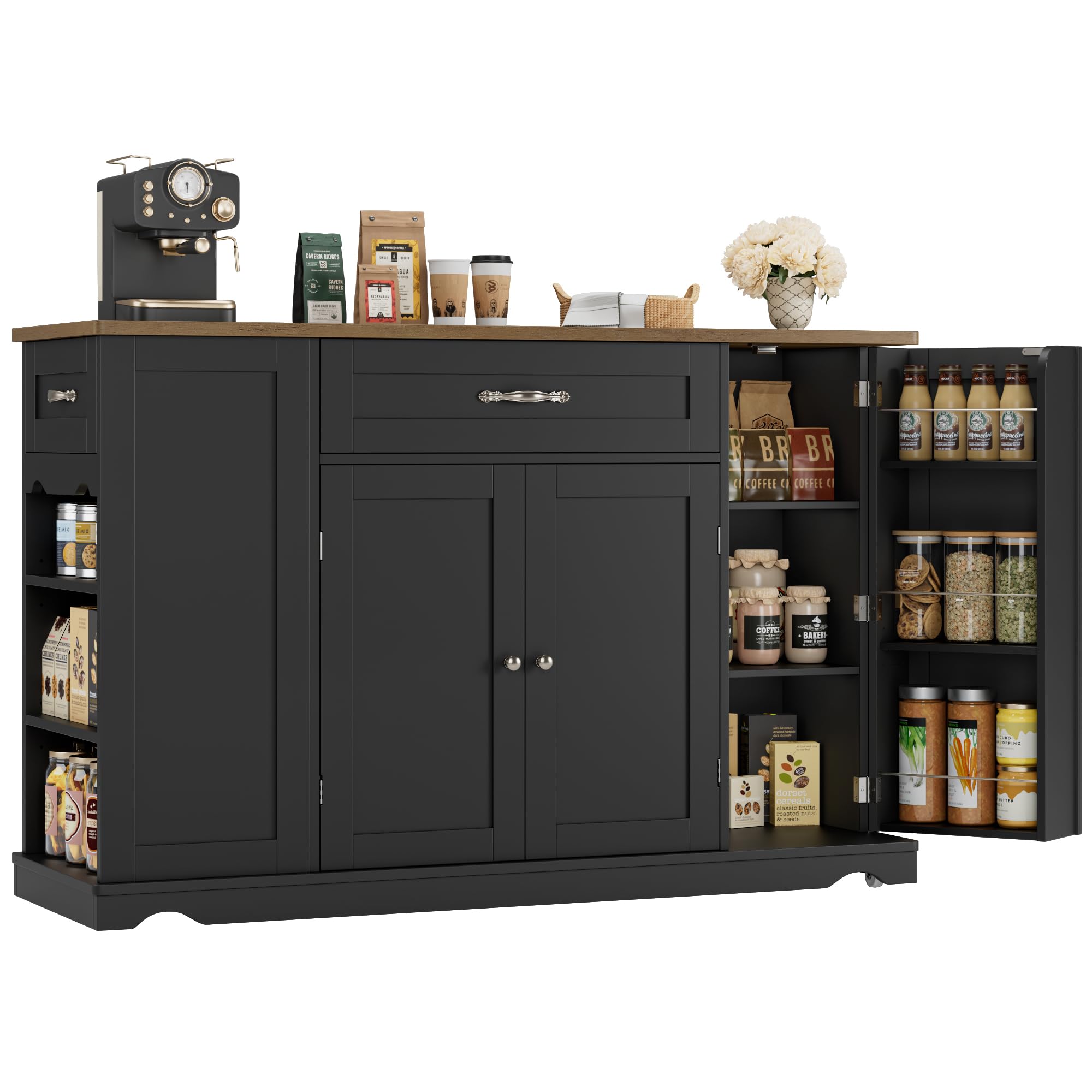 HOSTACK Kitchen Island Cart with Storage, 47'' Kitchen Storage Island on Wheels with 2 Drawers, Rolling Island Table with Adjustable Shelves, Mobile Buffet Sideboard Cabinet for Dining Room, Black