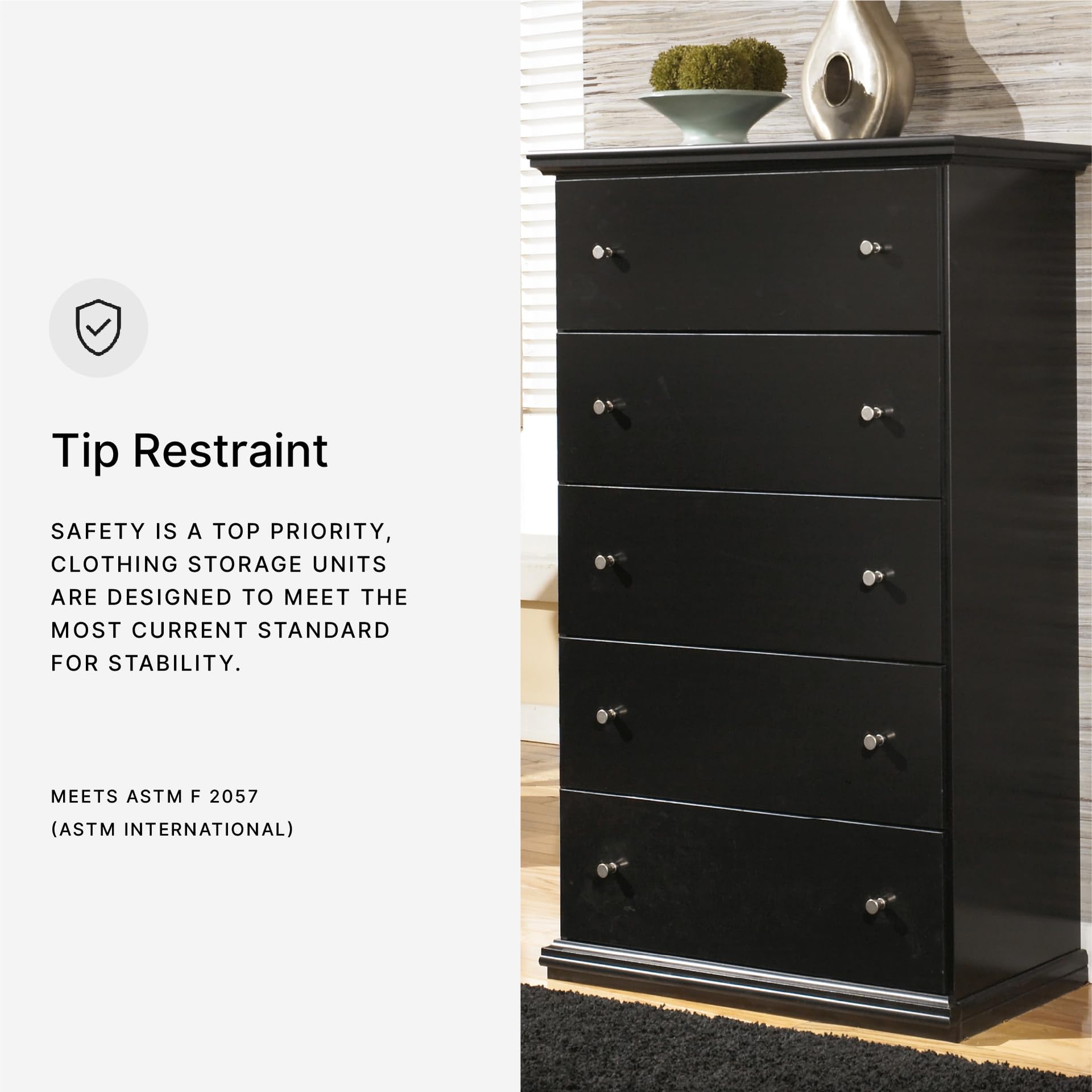 Signature Design by Ashley Maribel Modern 5-Drawer Chest with Anti-Tipping Design, Black