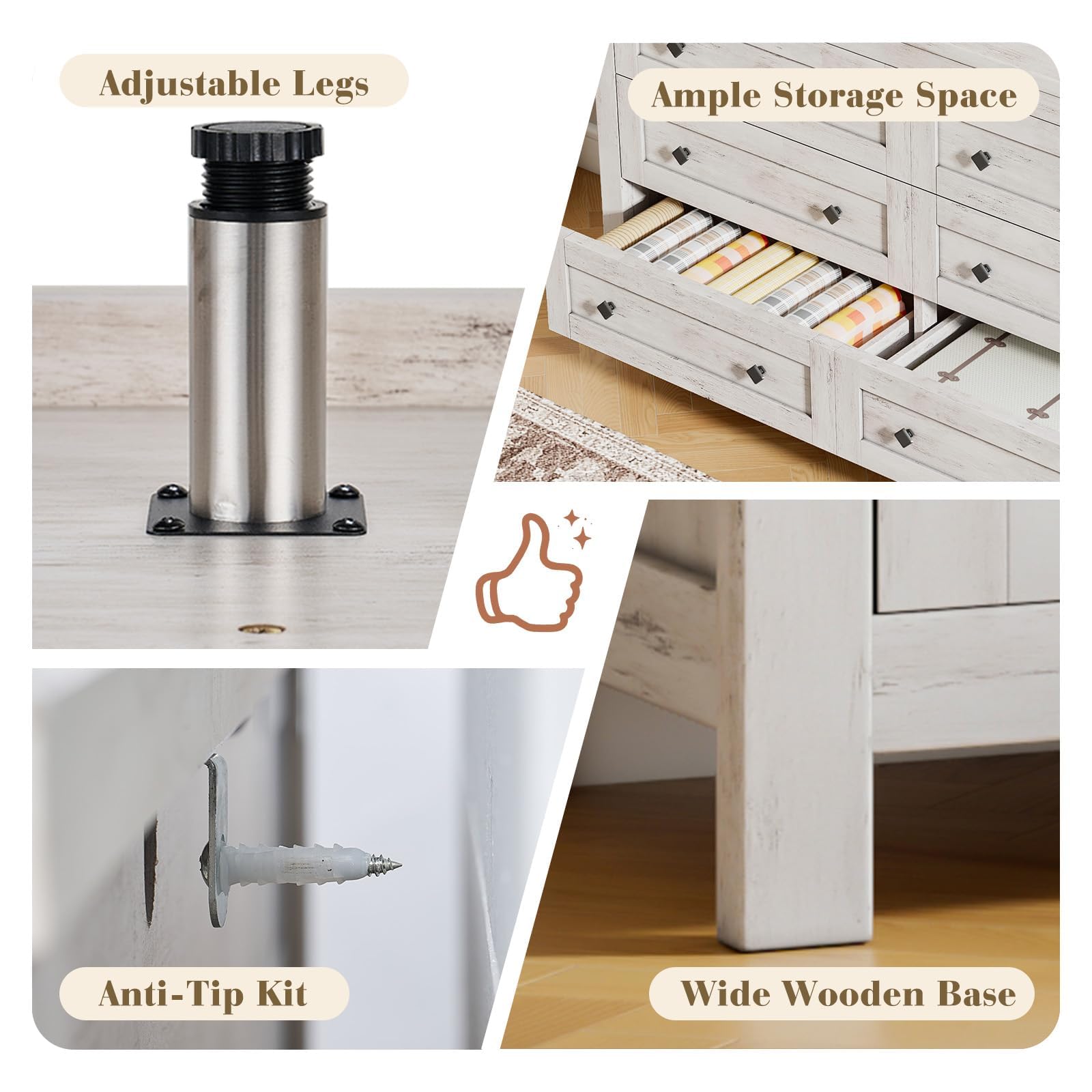 LUXOAK Bedroom Dresser and Nightstand 3 Piece Set, 1 X Wood Rustic 6 Drawer Storage Dresser, 2 X Farmhouse Nightstand with Charging Station, Farmhouse Bedroom Furniture Set, Rustic White
