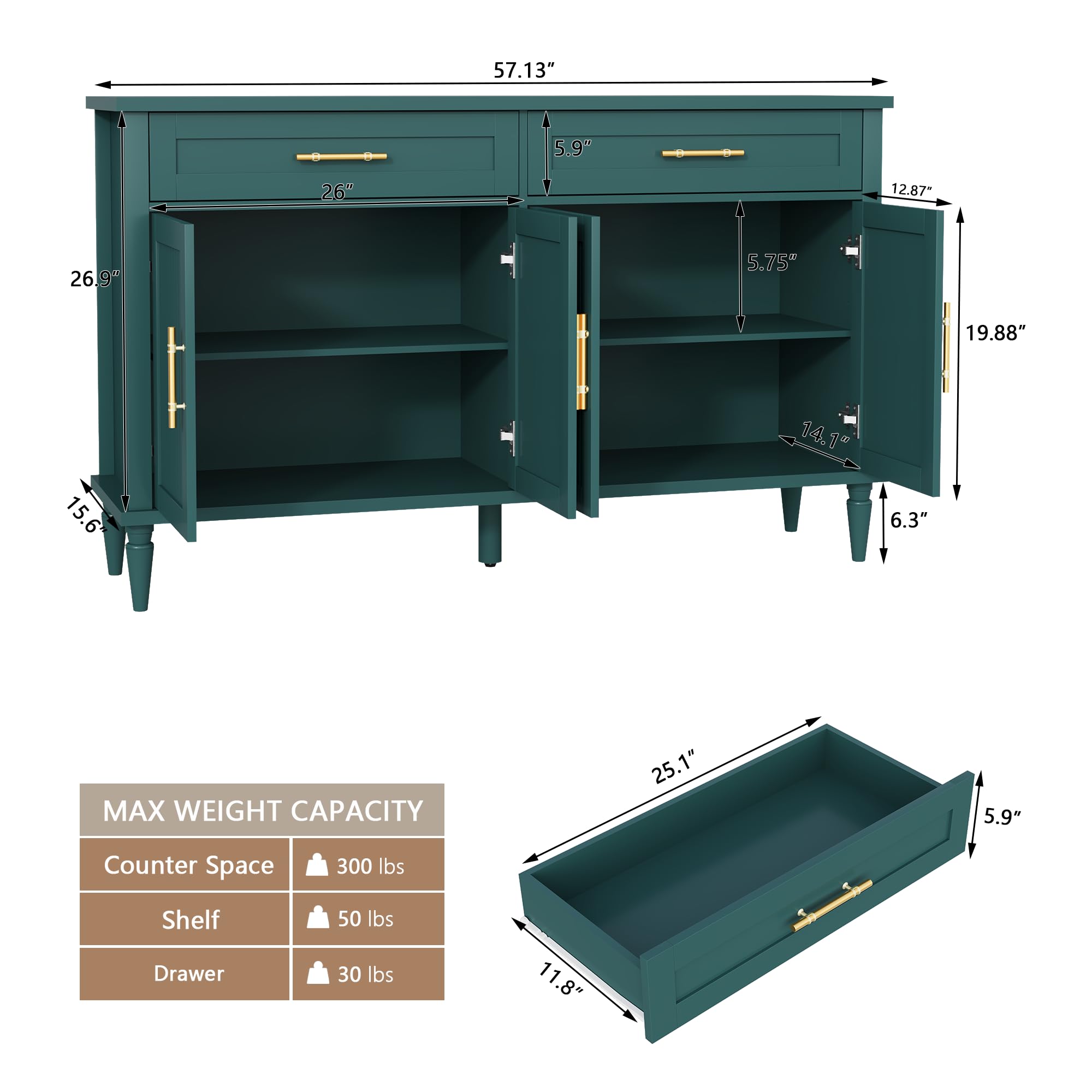 ZOSQUARE 58 Inch Sideboard Buffet Cabinet with Storage, Fluted Buffet Storage Cabinet with 2 Drawers and 4 Doors, Modern Coffee Bar with Adjustable Shelves for Living Room, Kitchen (Green)