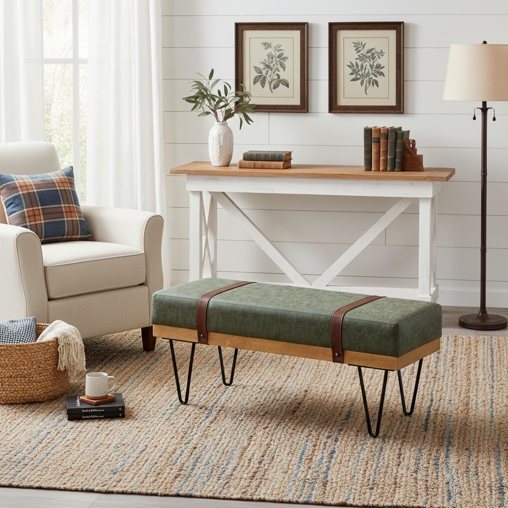 LukeAlon 44" Green PU Leather Ottoman Bench, Modern Upholstered Storage with Industrial Hairpin Legs for Entryway, Bedroom & Living Room Christmas Green