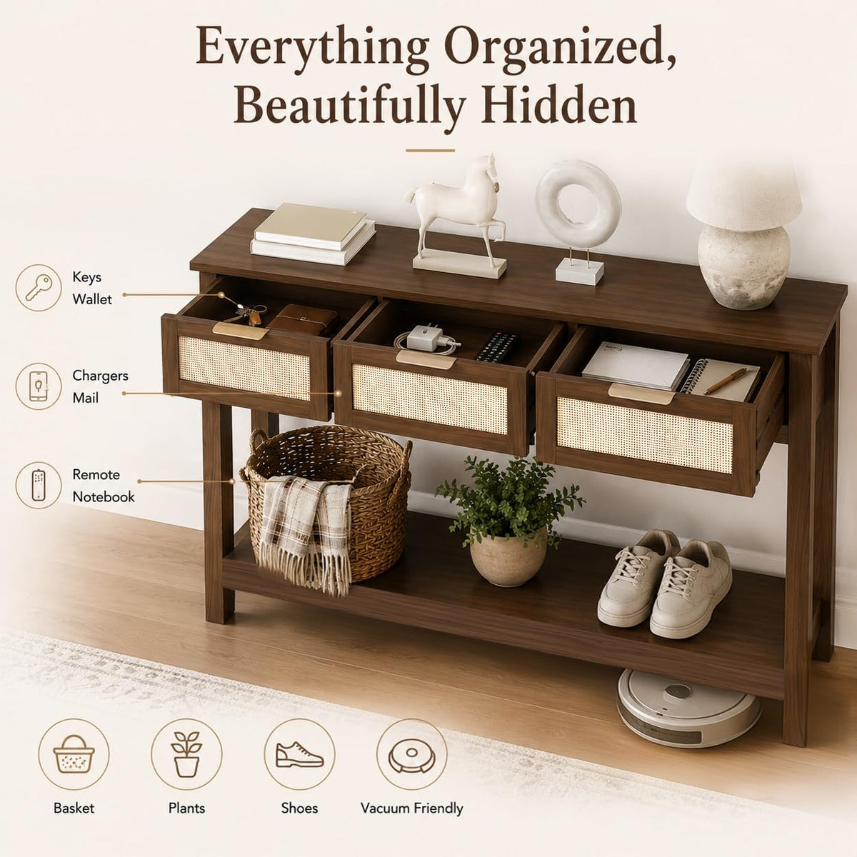 Rattan Console Table with 3 Drawers