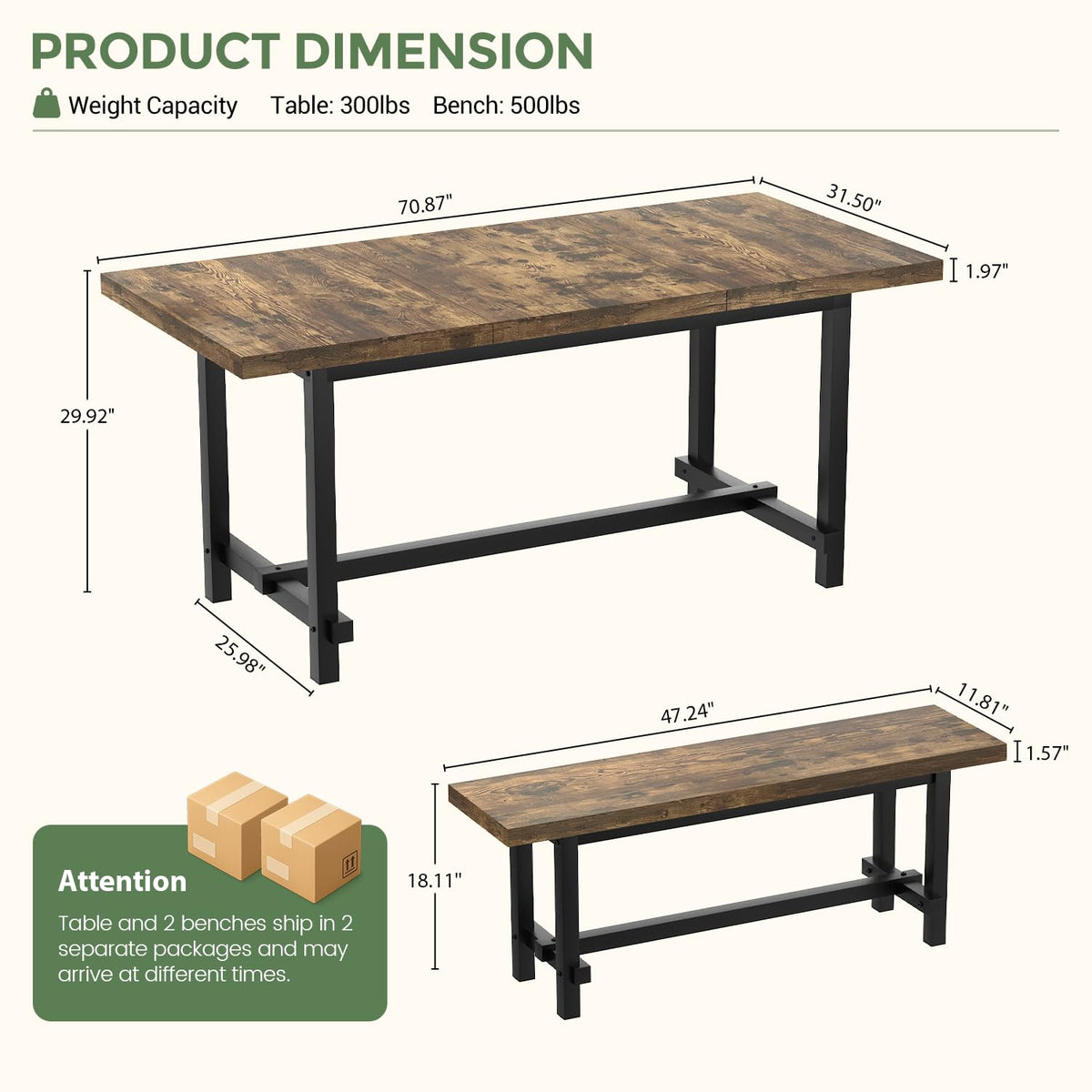 70.8" Dining Table Set with 2 Benches, Farmhouse Kitchen Table Set for 4-6