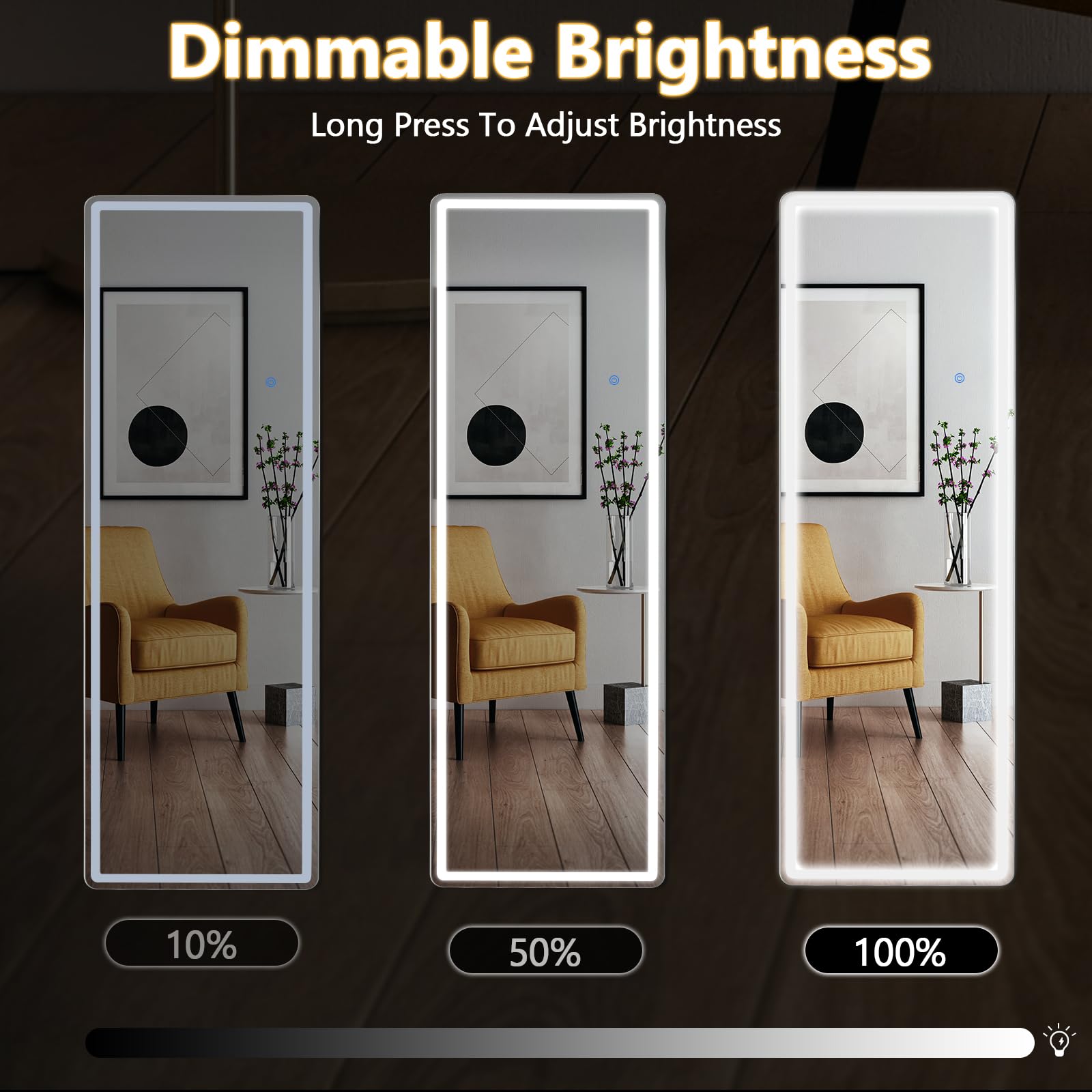 LED Full Length Floor Mirror with Dimming & 3-Color Lighting