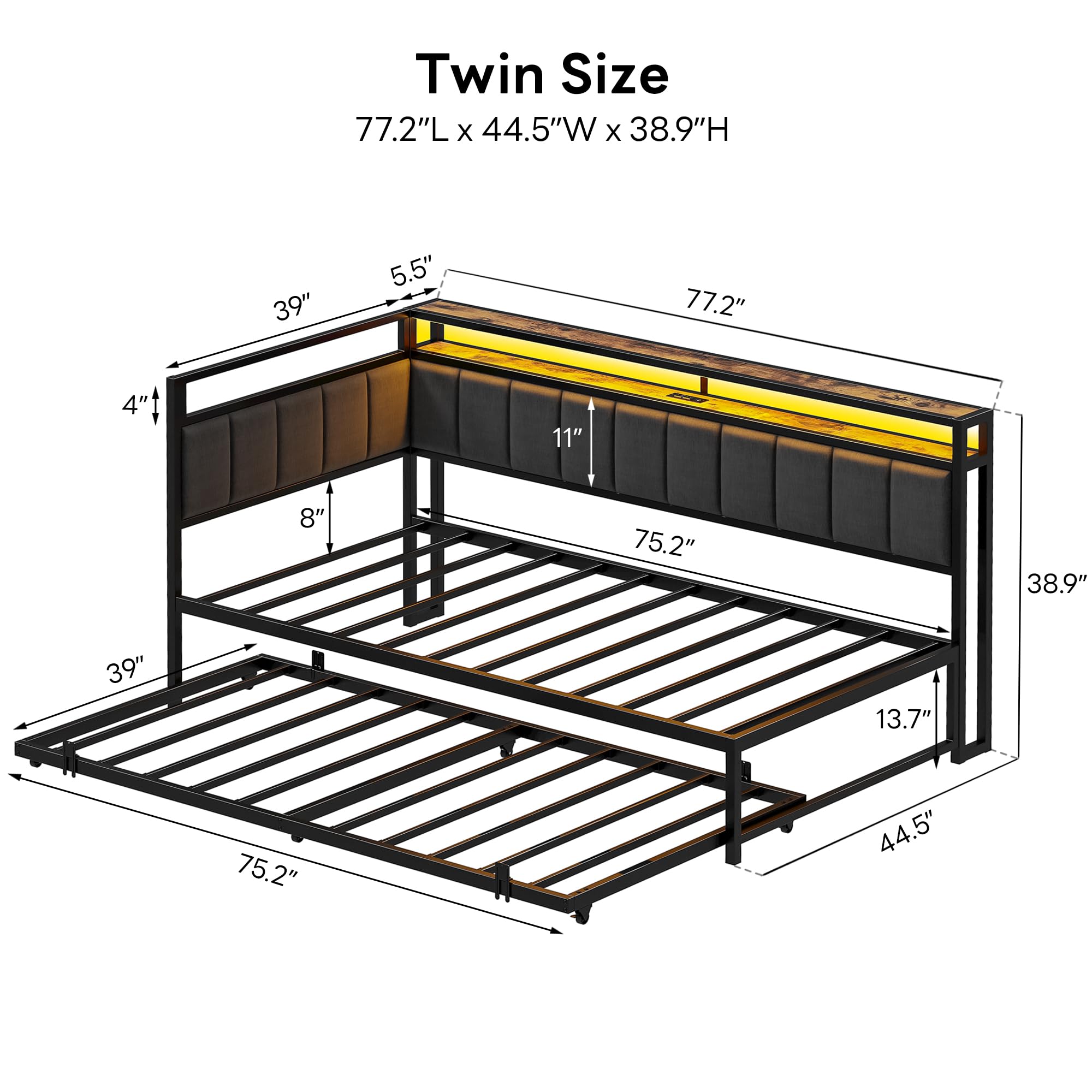 LIKIMIO Corner Twin Bed Frame with Trundle, Upholstered Storage Headboard & LED Lights, Twin Size Daybed with Charging Station, Sturdy Platform Metal Frame for Living Room, Bedroom, Guest Room, Gray