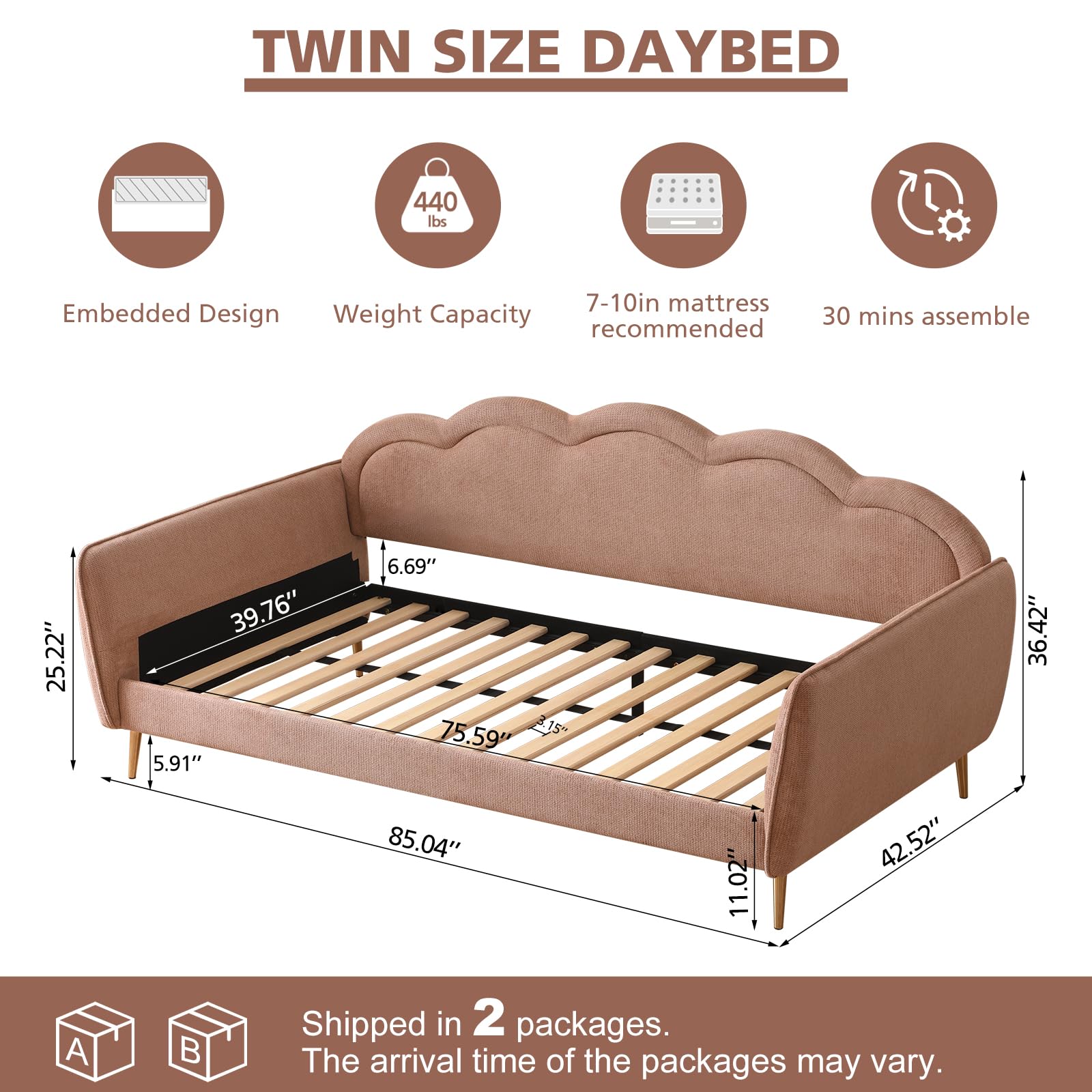 Linen Upholstered Twin Daybed with Cloud-Shaped Backrest & Gold Metal Legs