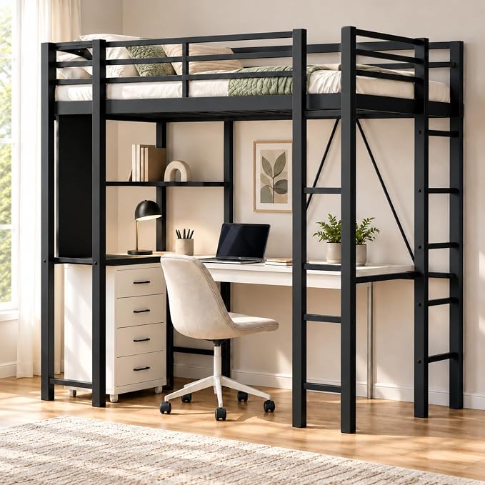 Metal Loft Bed with Desk and Shelves
