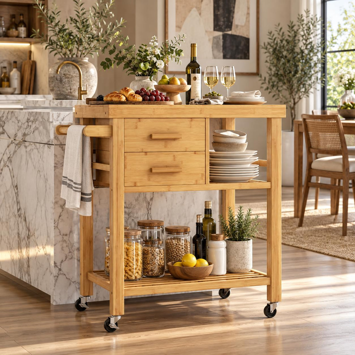 SILKYDRY Kitchen Island, Rolling Butcher Block Kitchen Cart with Storage