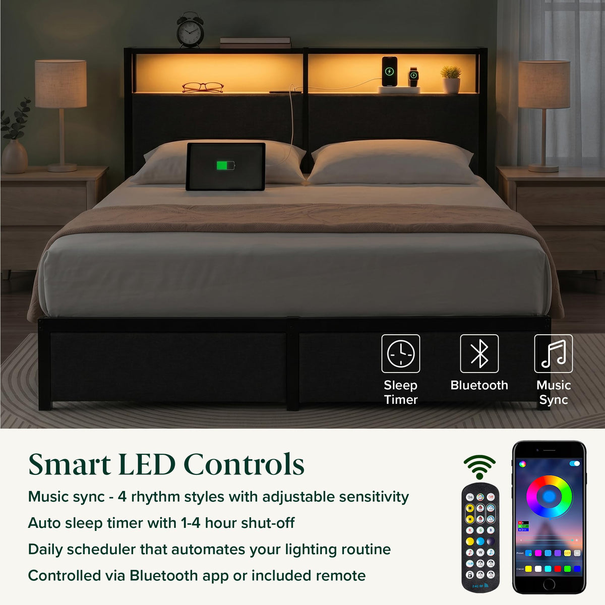 Queen Upholstered Storage Bed with LED Lights