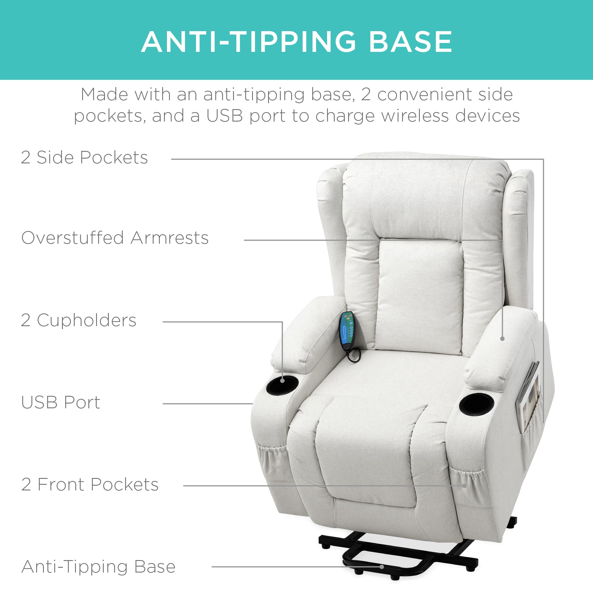 Power Lift Recliner Massage Chair with Heat & Cupholders