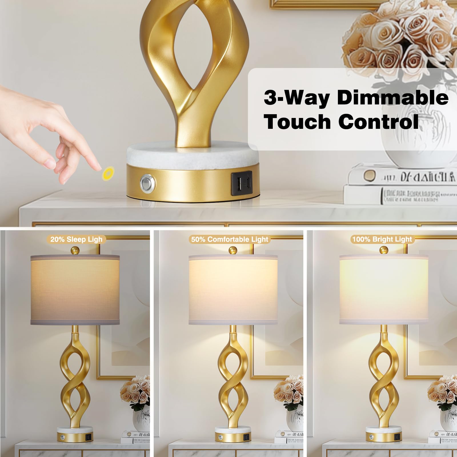 Rinweey White and Gold Table Lamps Set of 2 for Living Room, 30" Tall Touch Control Bedside Lamps for Bedroom Nightstand, 3-Way Dimmable Modern Decorative Table Lamp with USB A+C Ports and 2 LED Bulbs