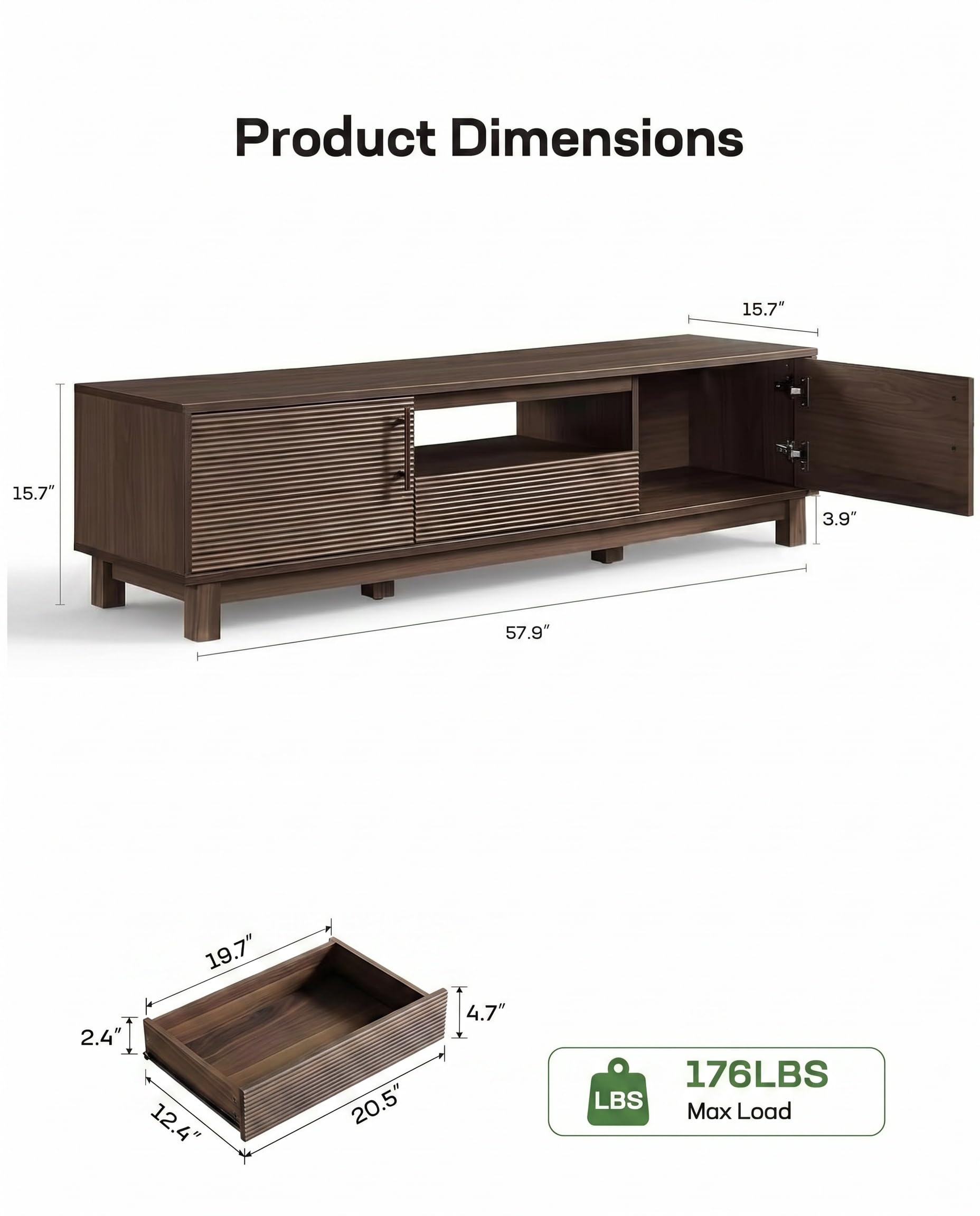 Amada 58" TV Stand for TVs up to 65 Inch, Fluted Entertainment Center with Storage Cabinets and Drawer, Mid Century Modern TV Console for Living Room & Bedroom, Walnut