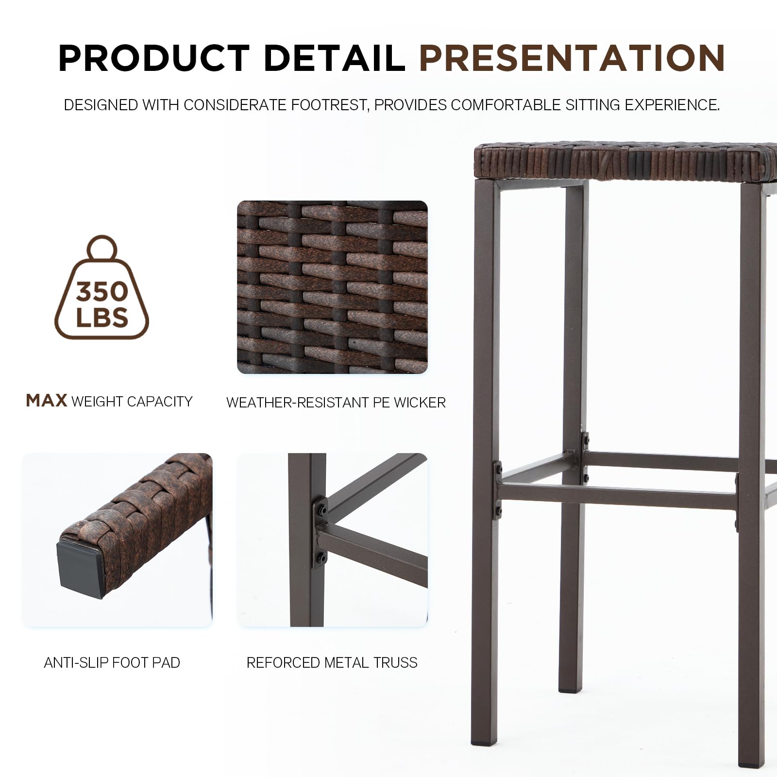 HOMREST Outdoor Tiki Bar Set, 3 Pieces Wicker Patio Bar Set w/2 Height Stools, Storage Shelf, Canopy, Plastic Wood Tabletop for Backyard Poolside Garden, Brown