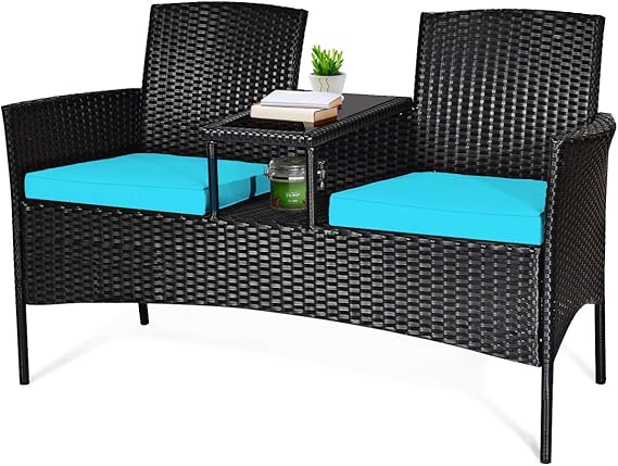 Outdoor Wicker Loveseat Sofa Set with Built-In Coffee Table