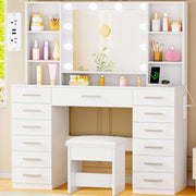 Makeup Vanity Desk with Lighted Mirror, 13 Drawers & Glass Top