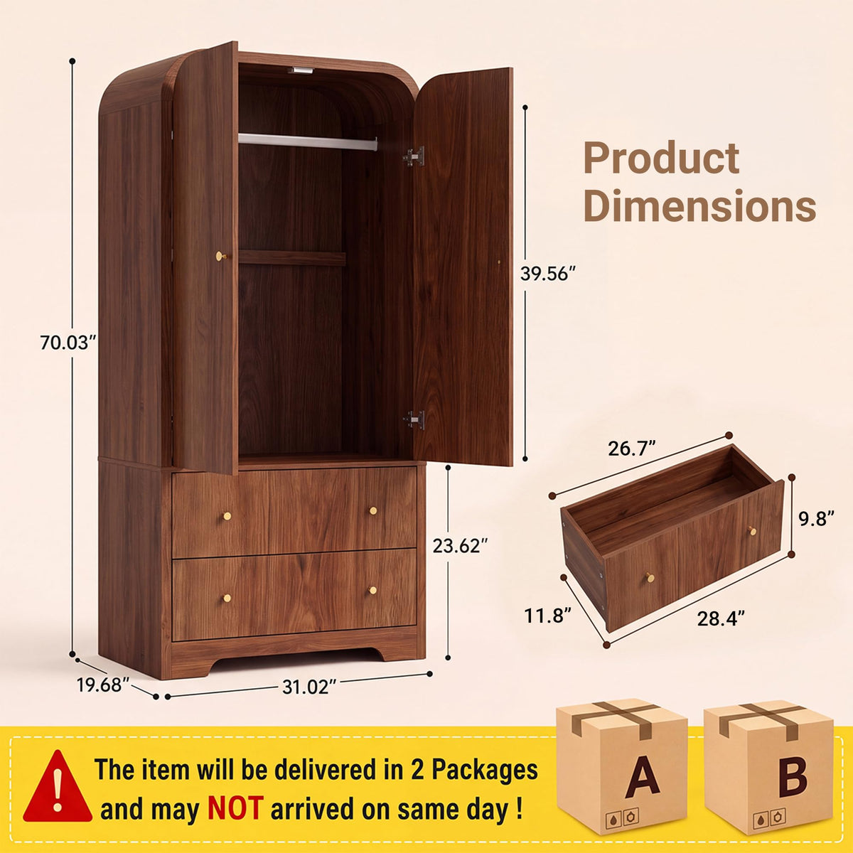 Seang Arched Armoire Wardrobe Closet,70" Wooden Wardrobe Cabinet with 2 Drawers,Hanging Rod,2 Doors Clothing Storage Cabinet for Bedroom,Gym,Cloak Room,Walnut