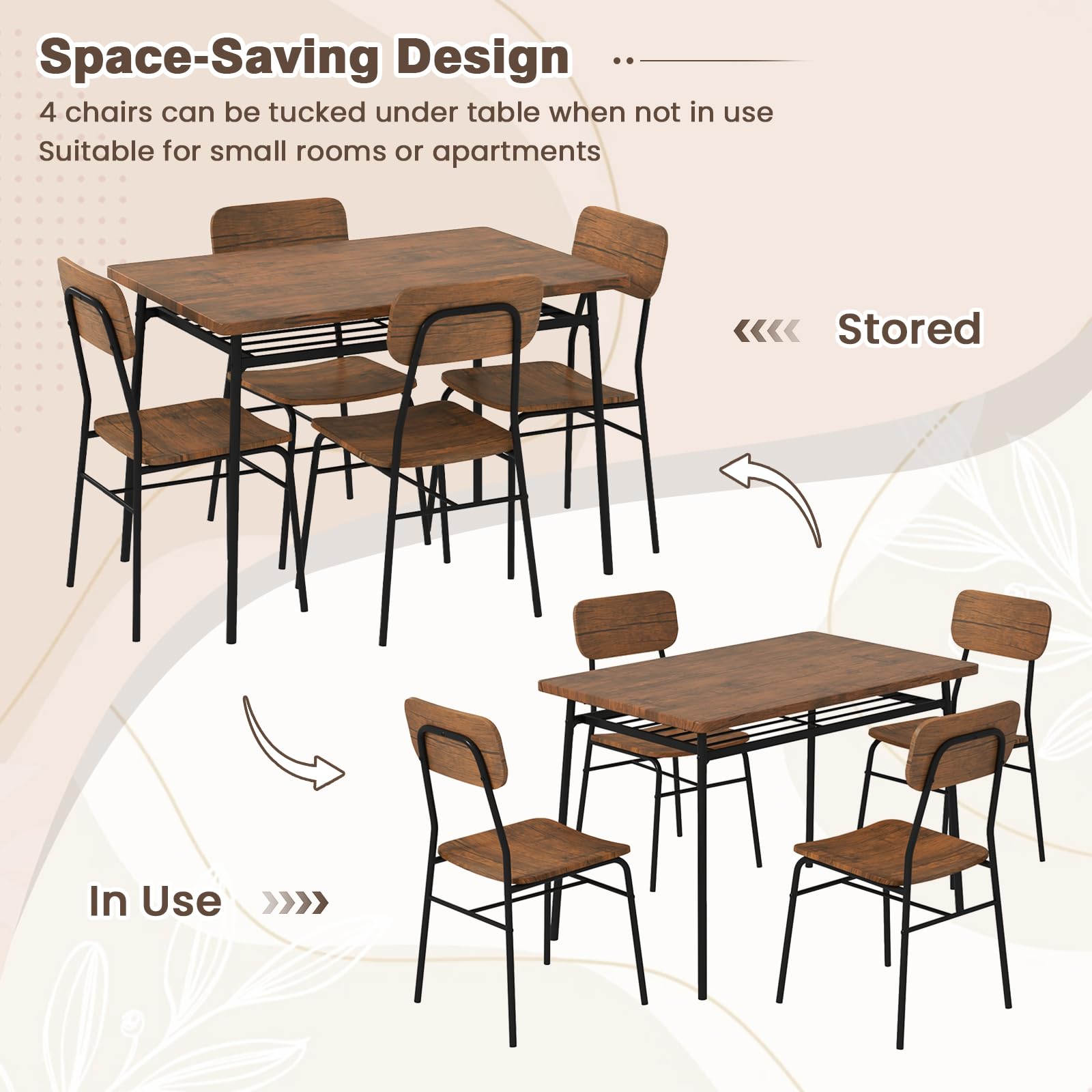 5-Piece Dining Table Set with Storage Rack