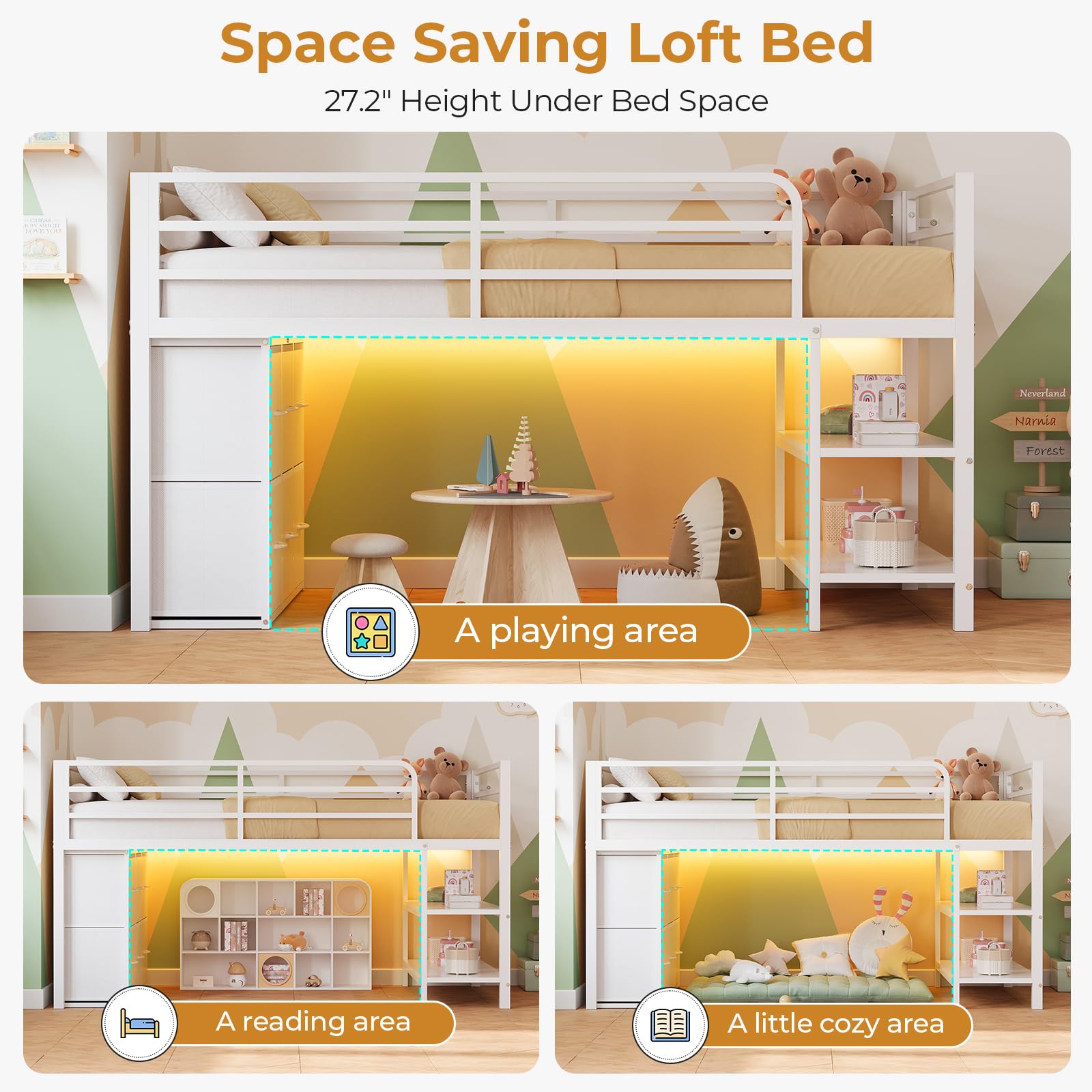 ADORNEVE Low Loft Bed with 6 Storage Drawers, Twin Loft Bed with LED Lights, Metal Loft Bed Twin Size with Open Storage Shelves, Twin Bed Frame with 15" H Safety Guard Rail for Kids, White