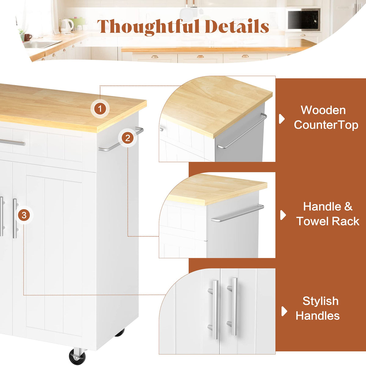 SUNLEI Kitchen Island with Storage, 26" Rolling Microwave Cart with 3 Drawers, Rubberwood Top, Lockable Wheels, Towel Rack & Open Shelves, Portable Kitchen Cart, White