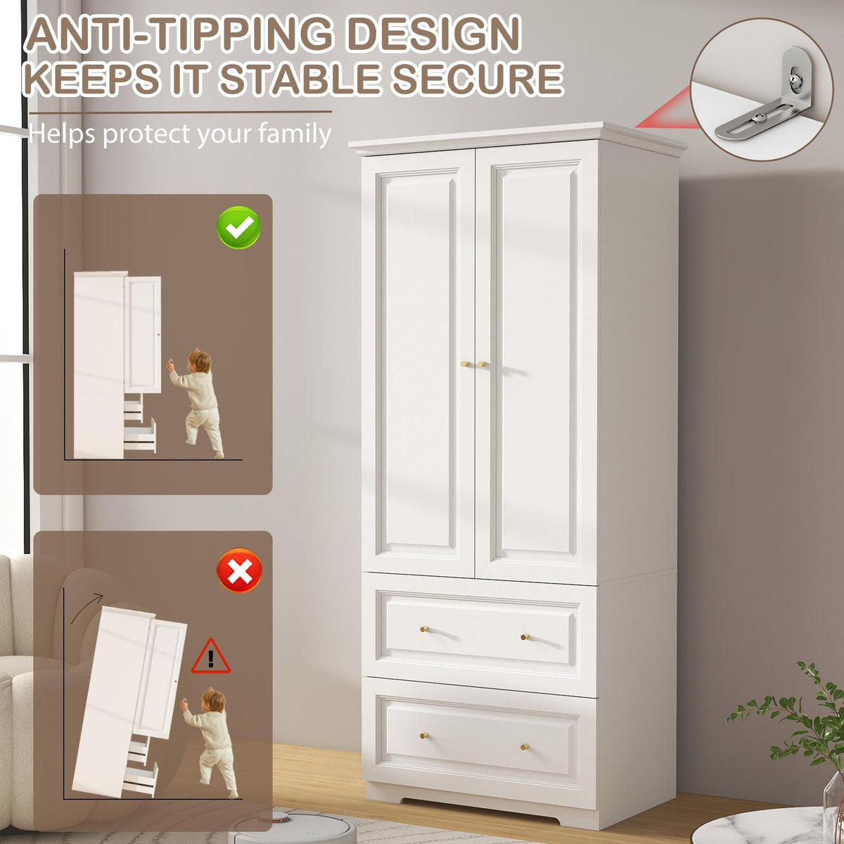 White Fluted Wardrobe with Drawers