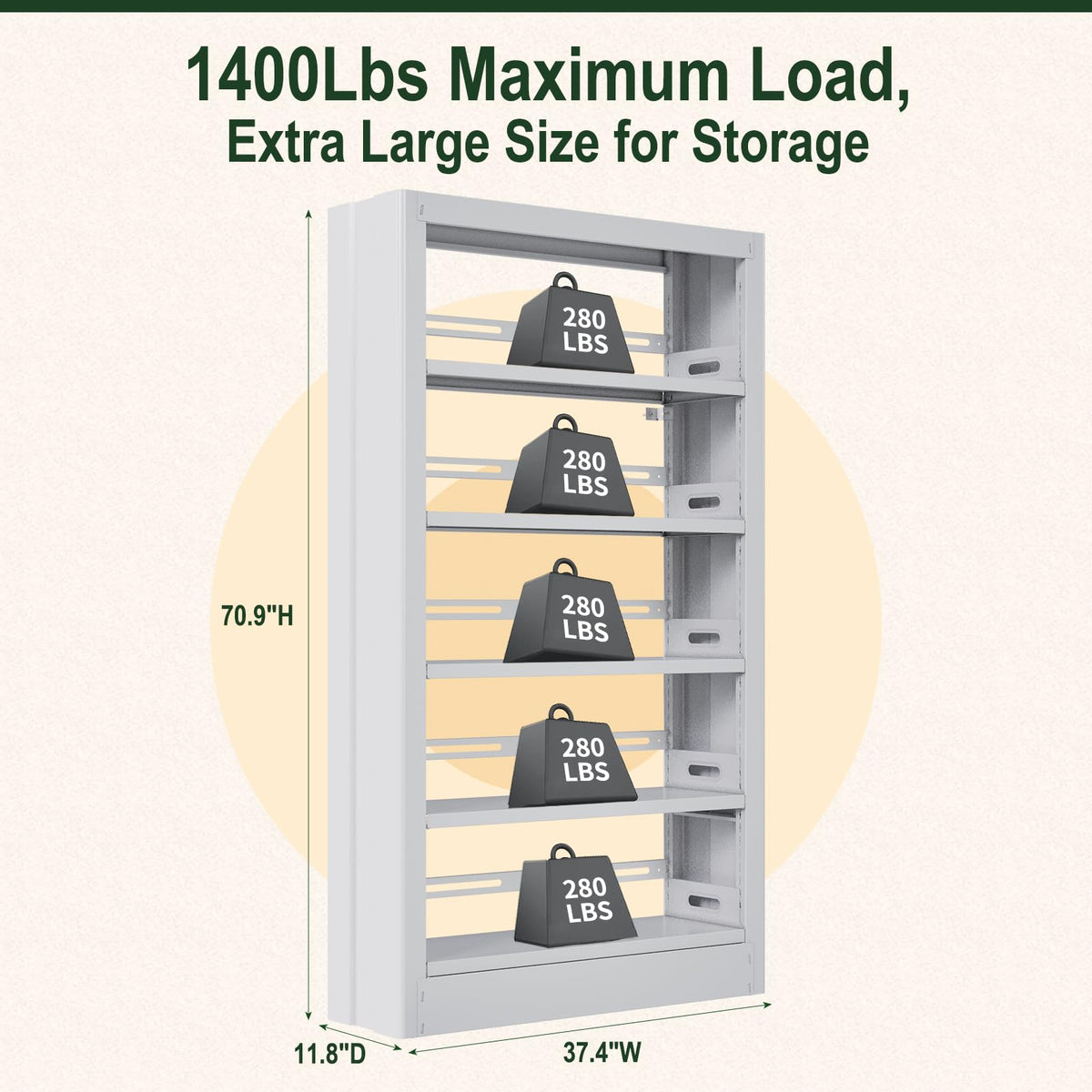 71"H 5-Tier Metal Bookshelf,1400LBS Heavy-Duty Office Shelves,White