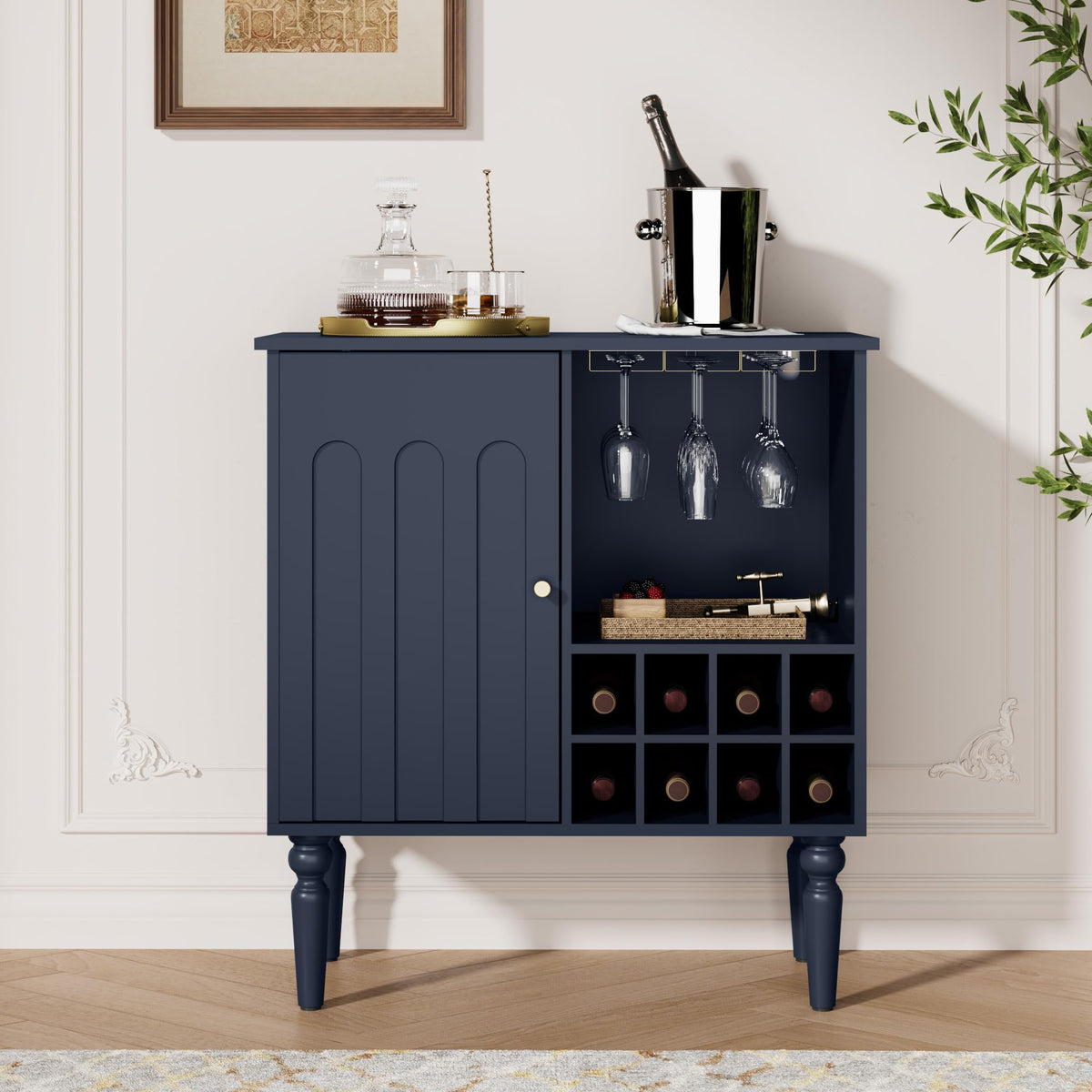 Surmorn Arched Fluted Coffee Bar Cabinet with Storage& Wine Racks, Blue