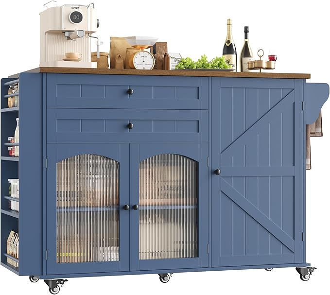 Rolling Kitchen Island with Drop Leaf Countertop & Storage