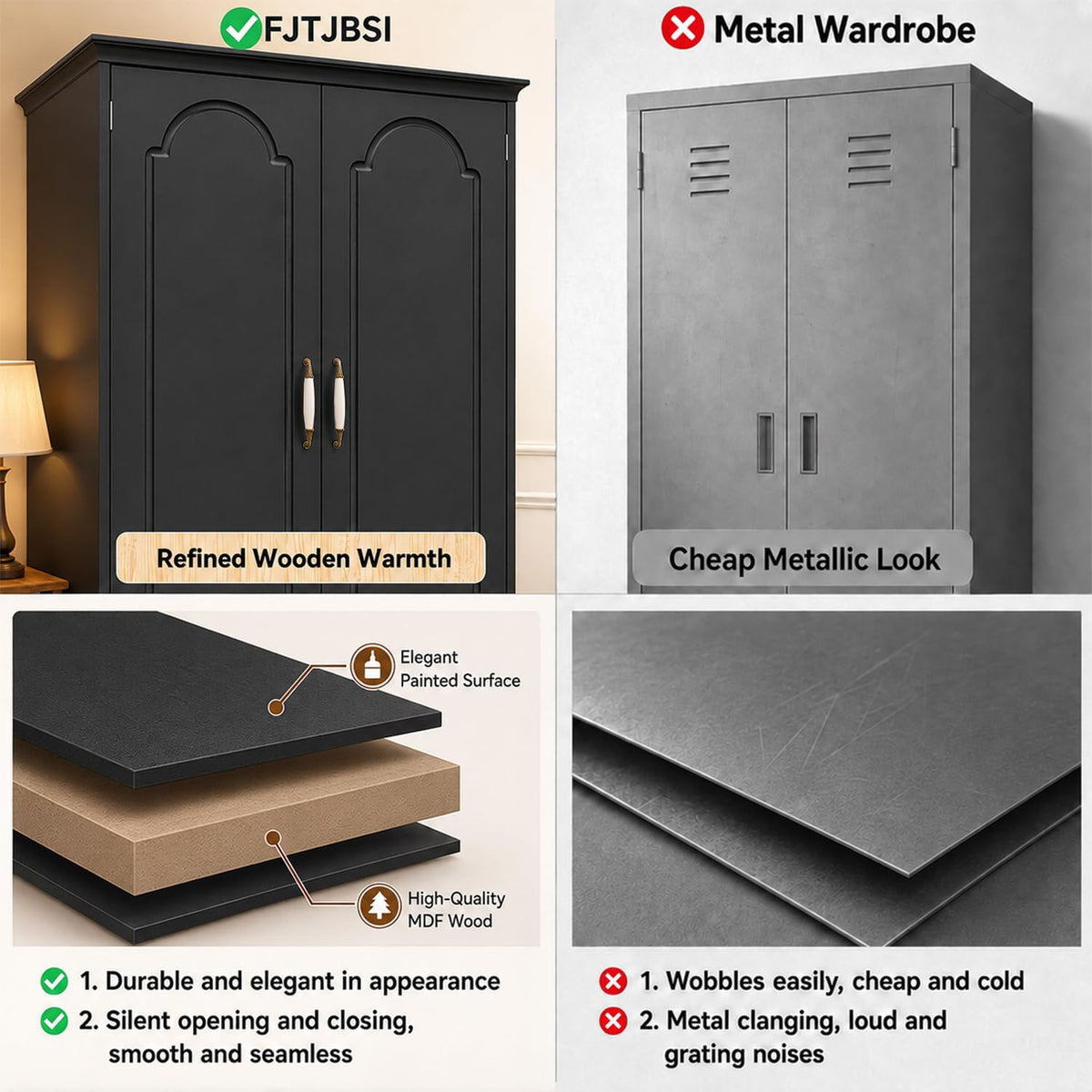 FJTJBSI 72" Wooden Armoire Wardrobe Closet with LED Bedroom Armoire with 3 Drawers and Retro Ceramic Handles Modern Wardrobe Cabinet with Removable Hanging Rod Black