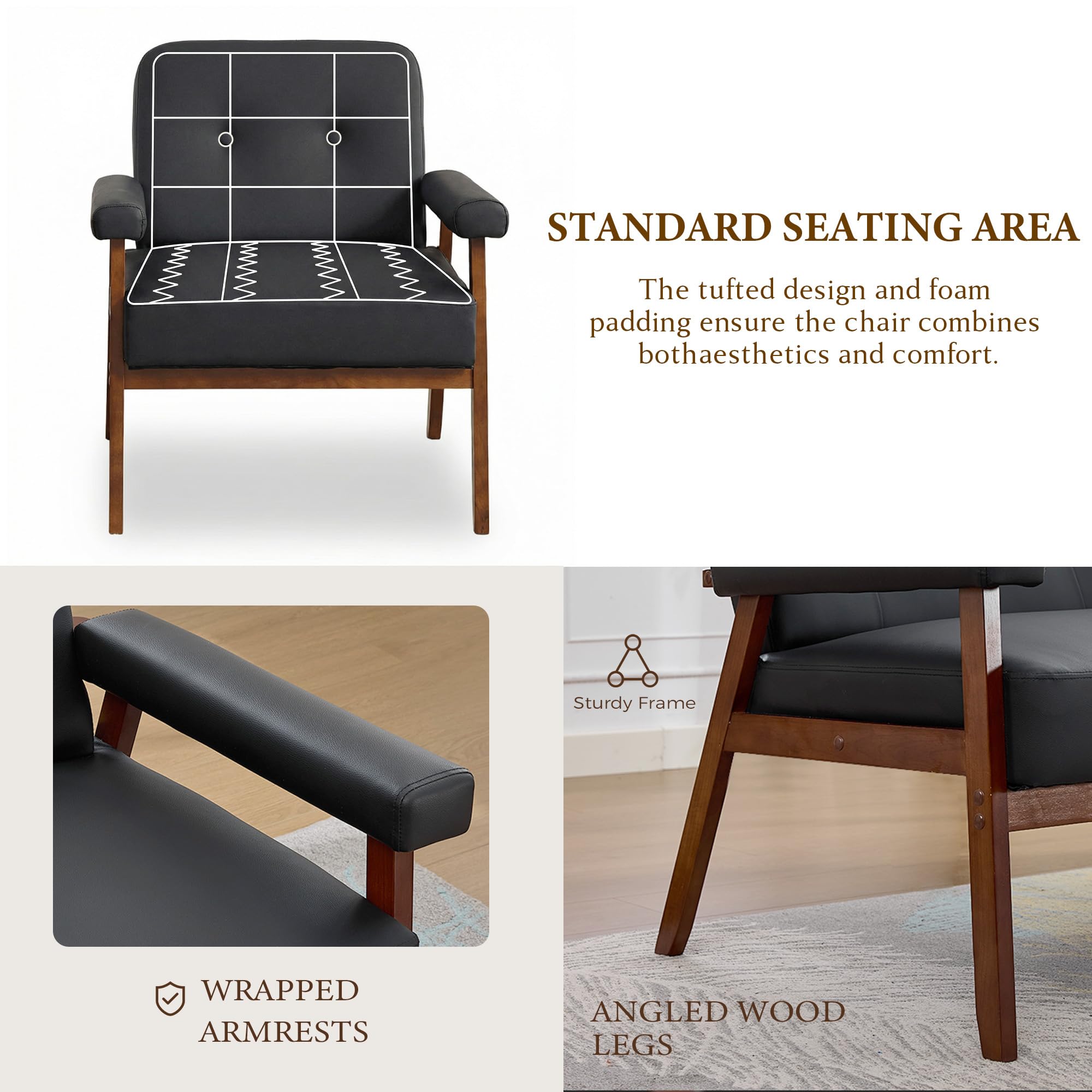STHOUYN Accent Chairs Set of 2, Black Leather Chair with Wood Frame, Upholstered Tufted Reading Arm Chair, Mid-Century Modern Comfy Living Room Chair, Side Chairs for Living Room, Waiting Room (2)