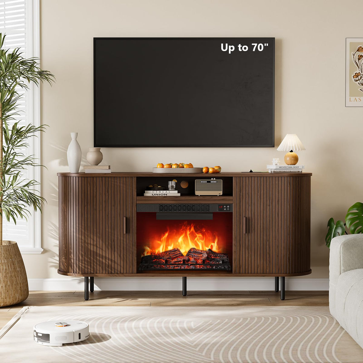 ONBRILL 63" Fluted Fireplace TV Stand with 23" Electric Fireplace, Walnut