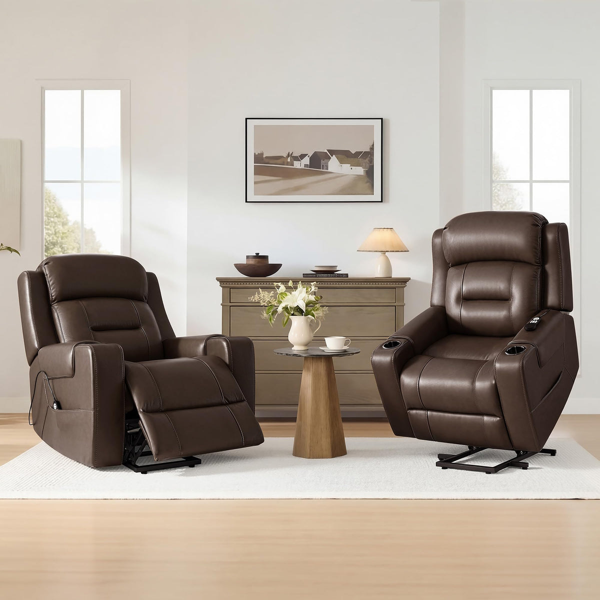 Watson & Whitely Genuine Leather Power Lift Recliner Chair, Lay Flat, Brown