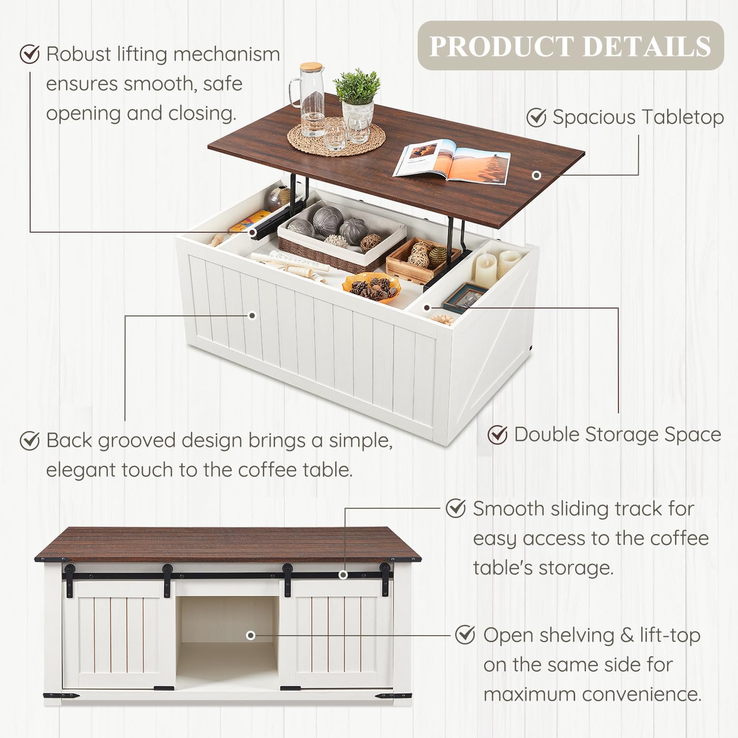 Lift Top Coffee Table with Sliding Barn Door & Double Storage