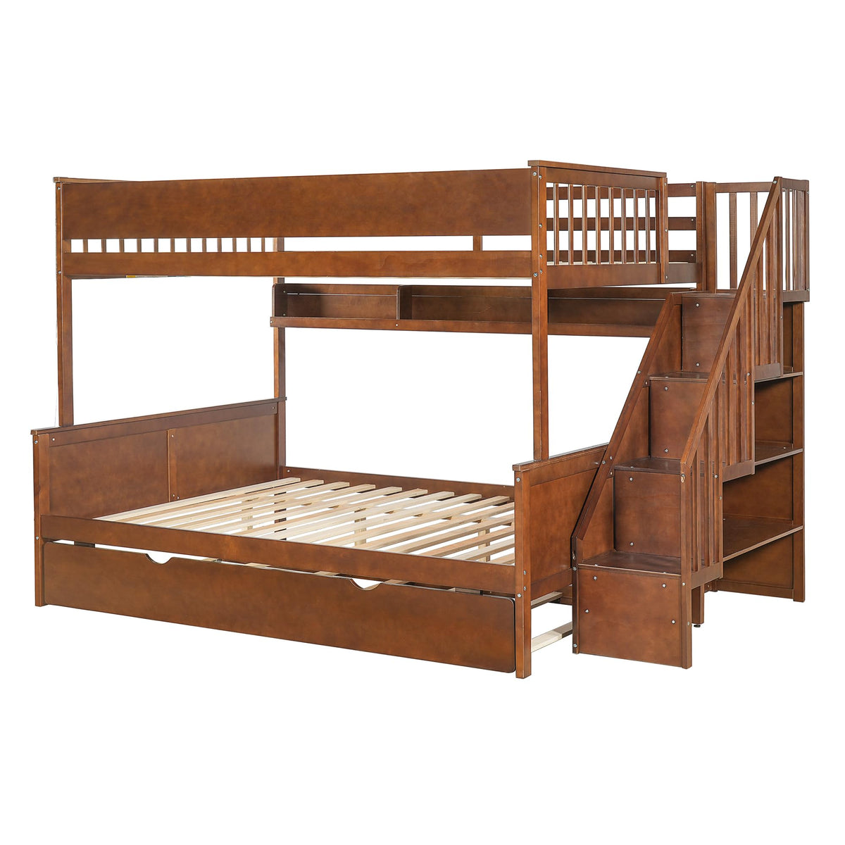 SOFTSEA Full XL Over Queen Bunk Bed with Trundle & Stairs, Solid Wood Bunk Bed Frame with Storage Shelves & LED Lights, Space Saving Bunk Beds with Storage Stairs for Kids Teens Adults, Walnut