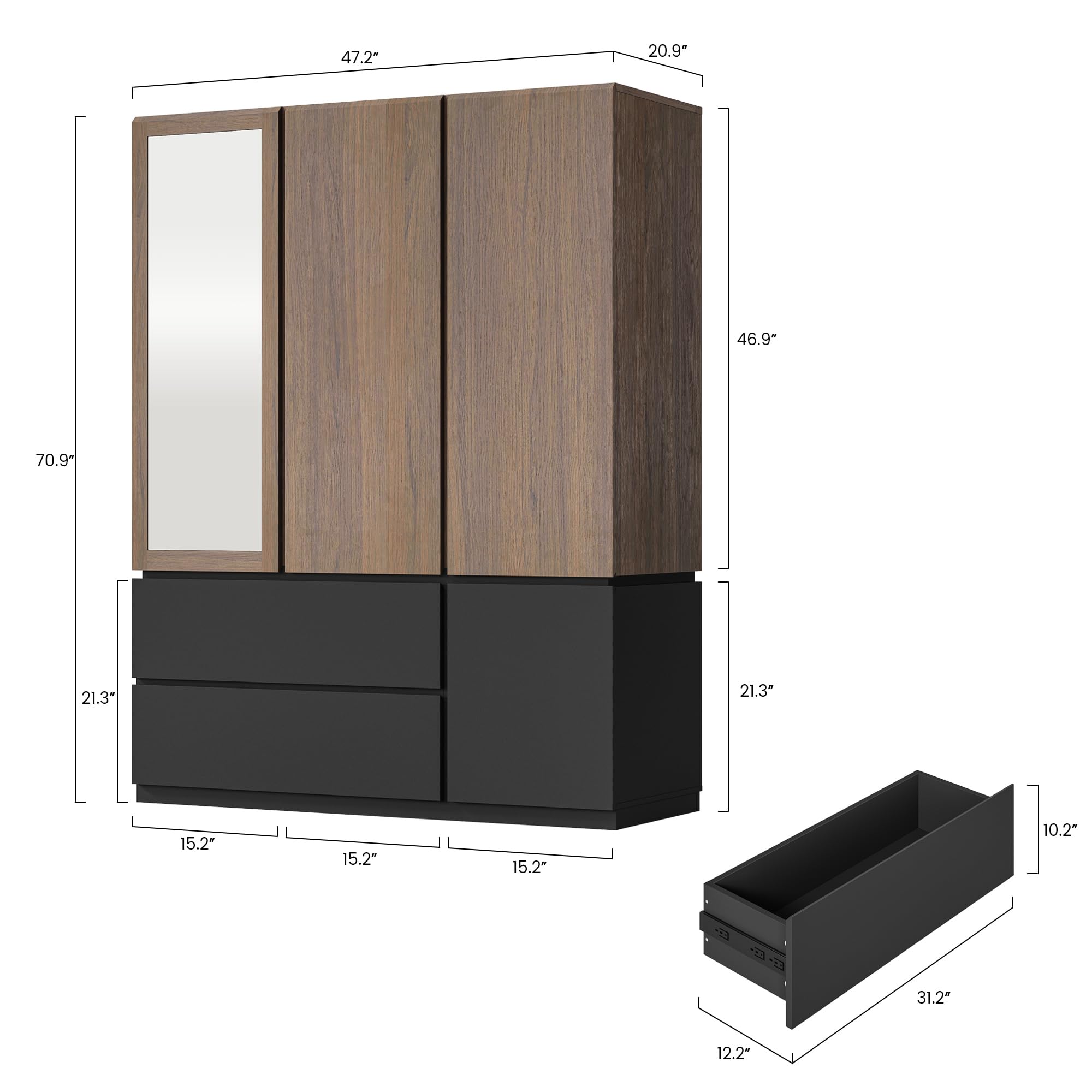 ModernMate 71" Wardrobe Armoire Closet with Mirror & 2 Drawers, Freestanding 3-Door Wooden Closet with 2 Hanging Rods, Steel Ball Slides, Compact Storage Cabinet for Bedroom, Rental, Apartment, Dorm