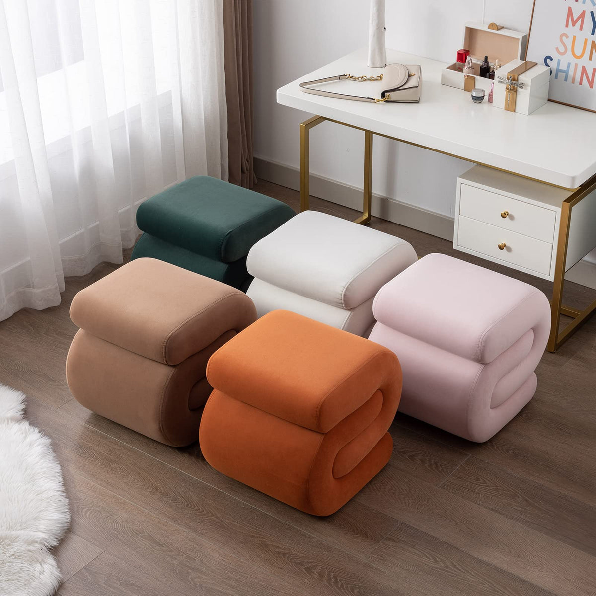 KIVENJAJA Velvet Vanity Stool, Modern S-Shaped Pouf Ottoman Footrest Makeup Chair Foot Stool Under Desk, Decorative Floor Seat for Makeup Room, Bedroom, Living Room (Velvet, Beige)