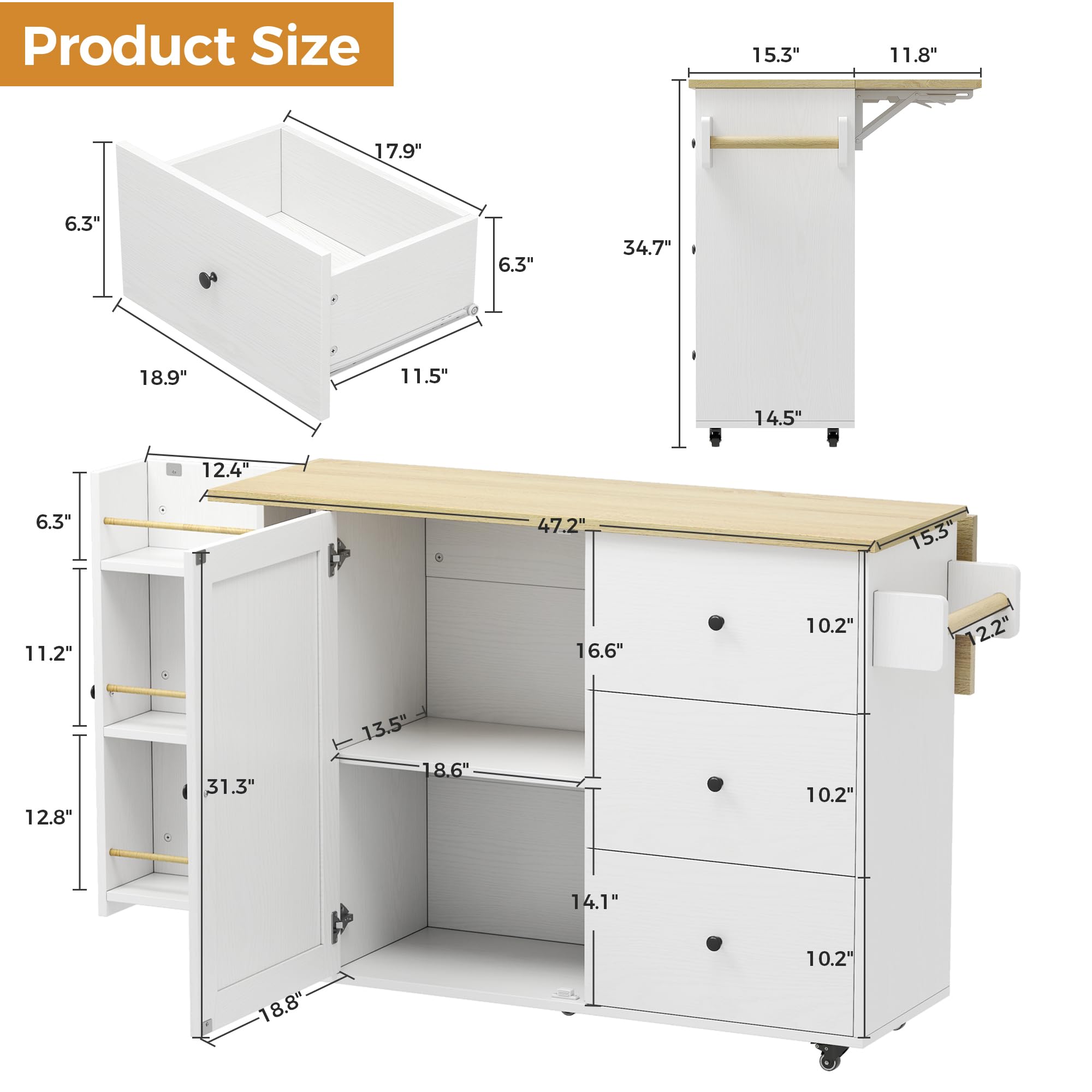 Rolling Kitchen Island with Drop Leaf & Storage