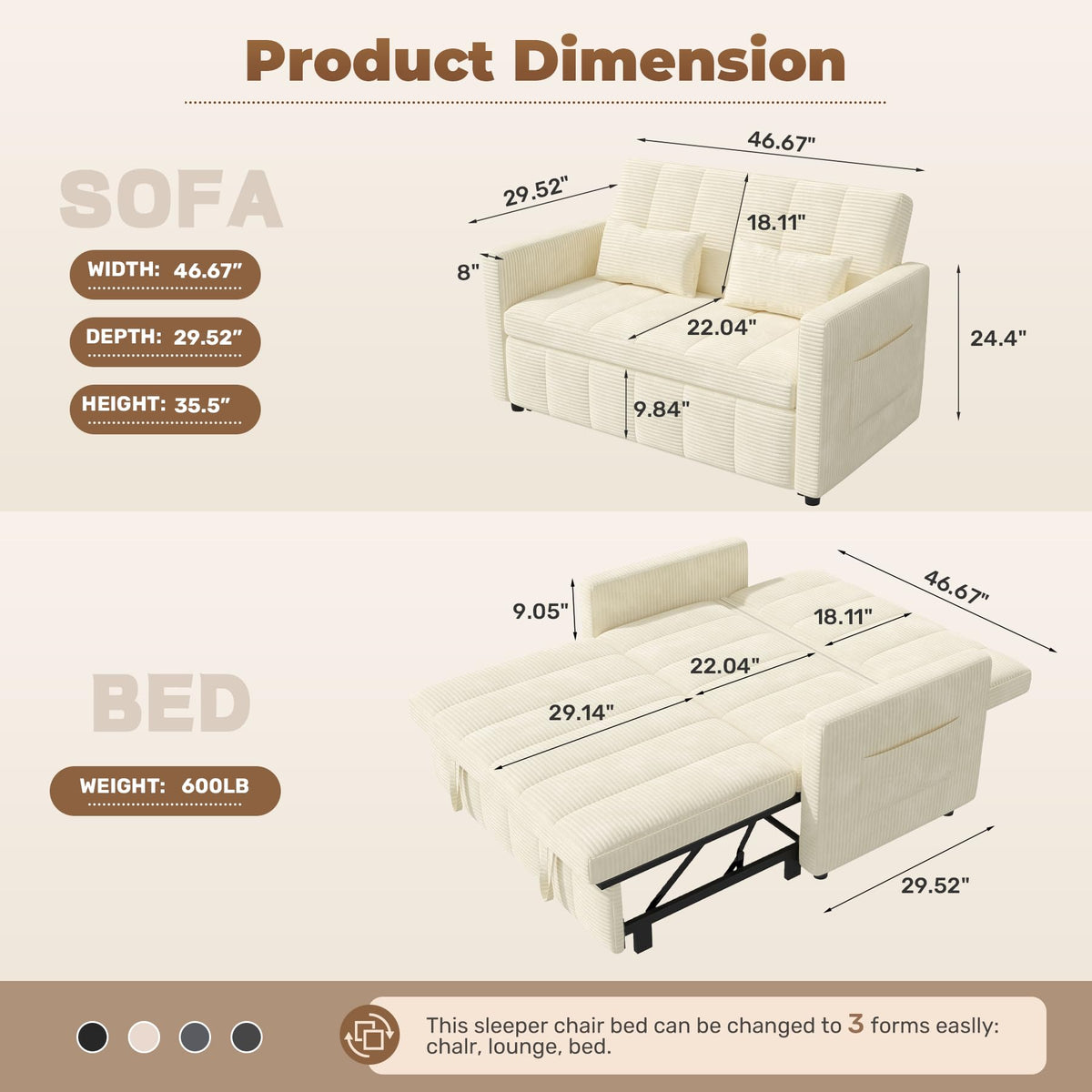 3-in-1 Convertible Loveseat Sofa Bed
